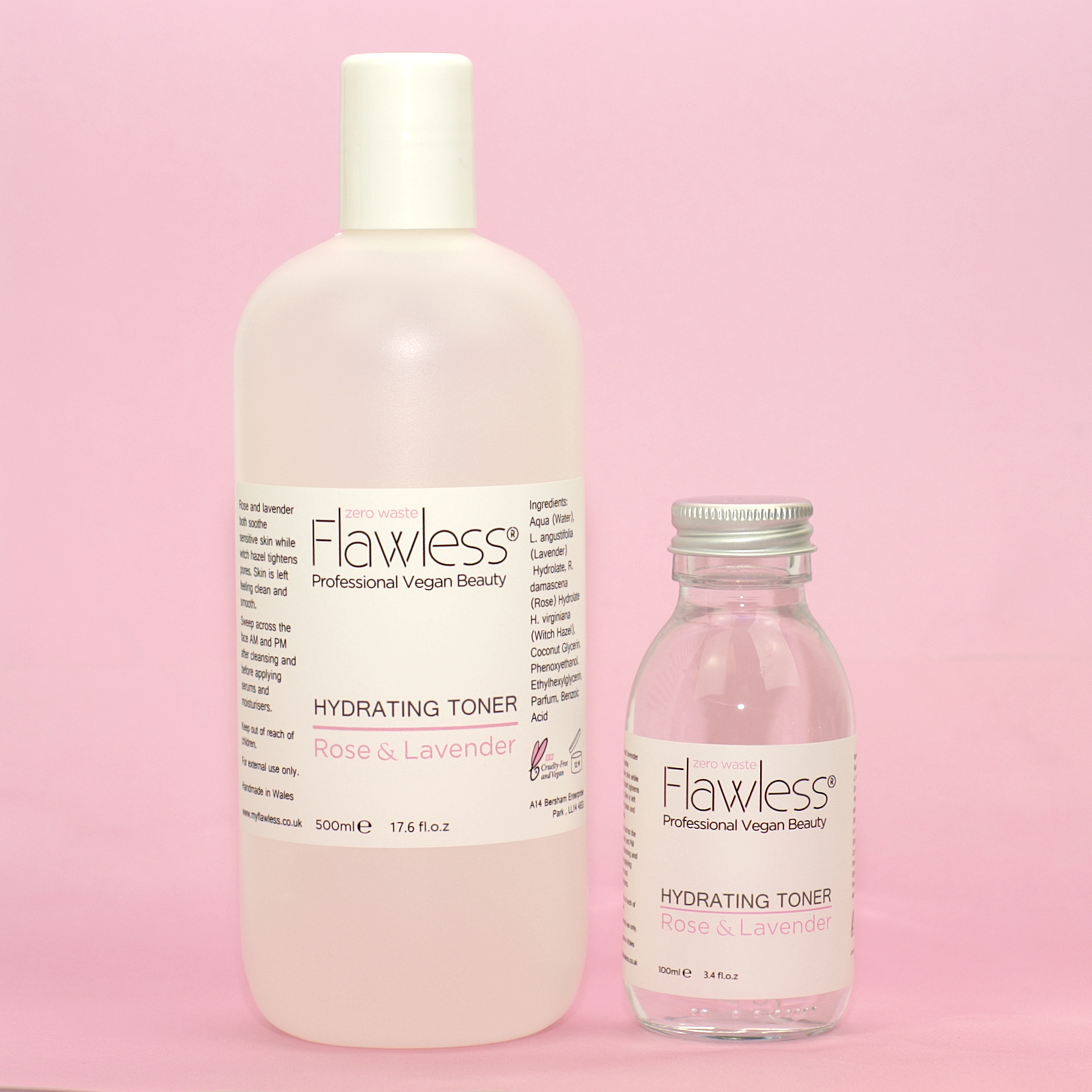 500ml Hydrating Toner Refill featuring rose and lavender ingredients in a recycled plastic bottle.