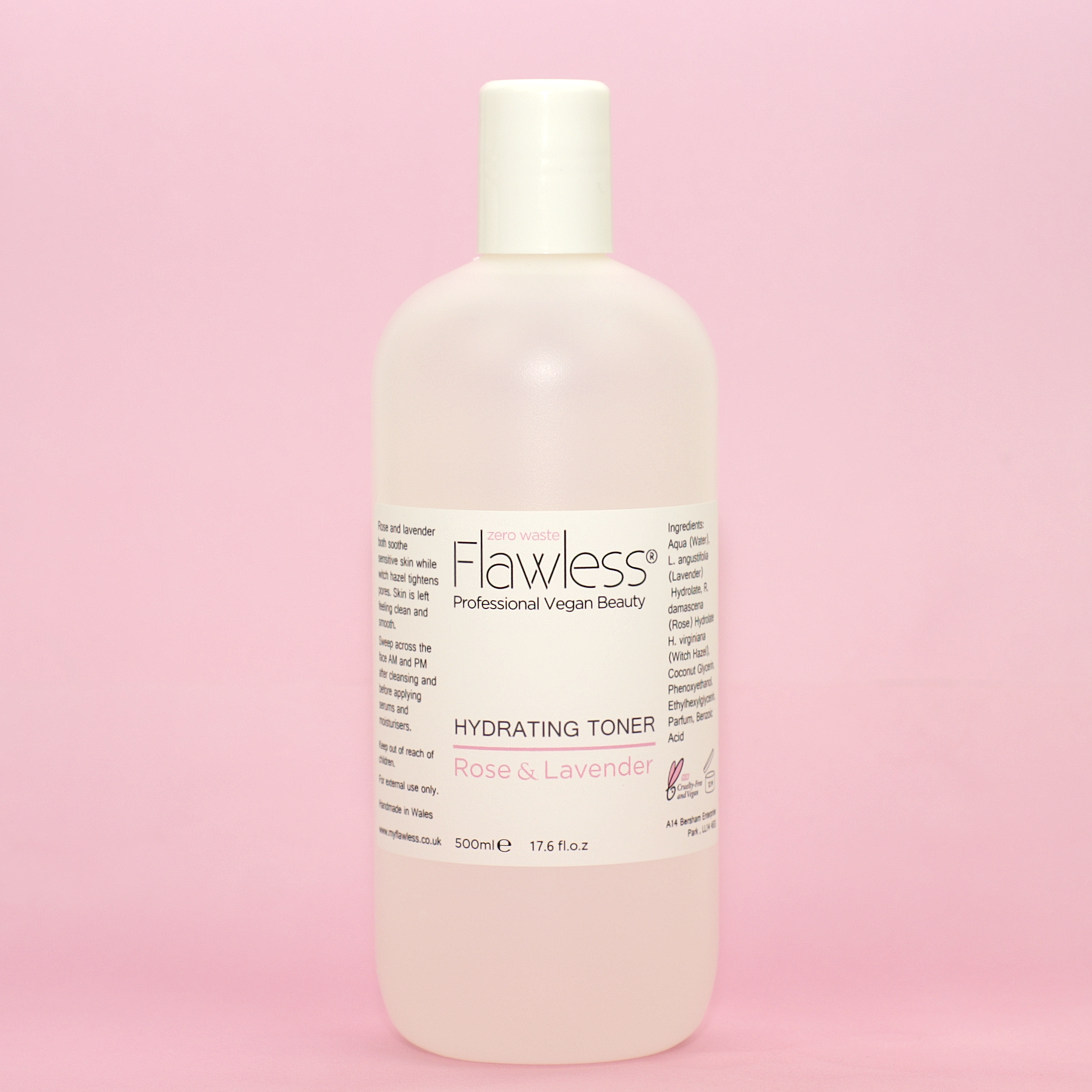 500ml Hydrating Toner Refill featuring rose and lavender ingredients in a recycled plastic bottle.