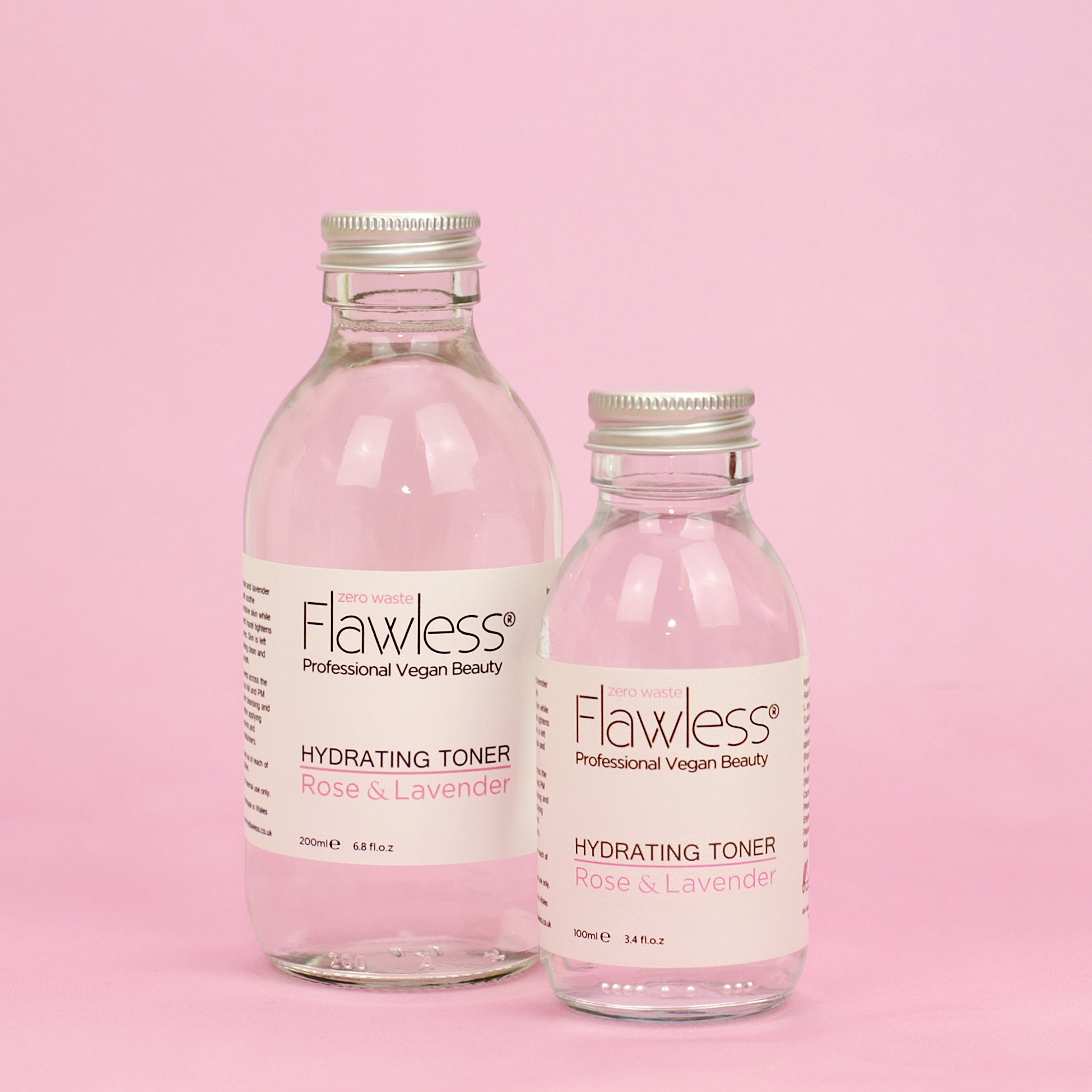 Hydrating Toner in a recycled glass bottle with rose and lavender ingredients, showcasing its eco-friendly packaging.