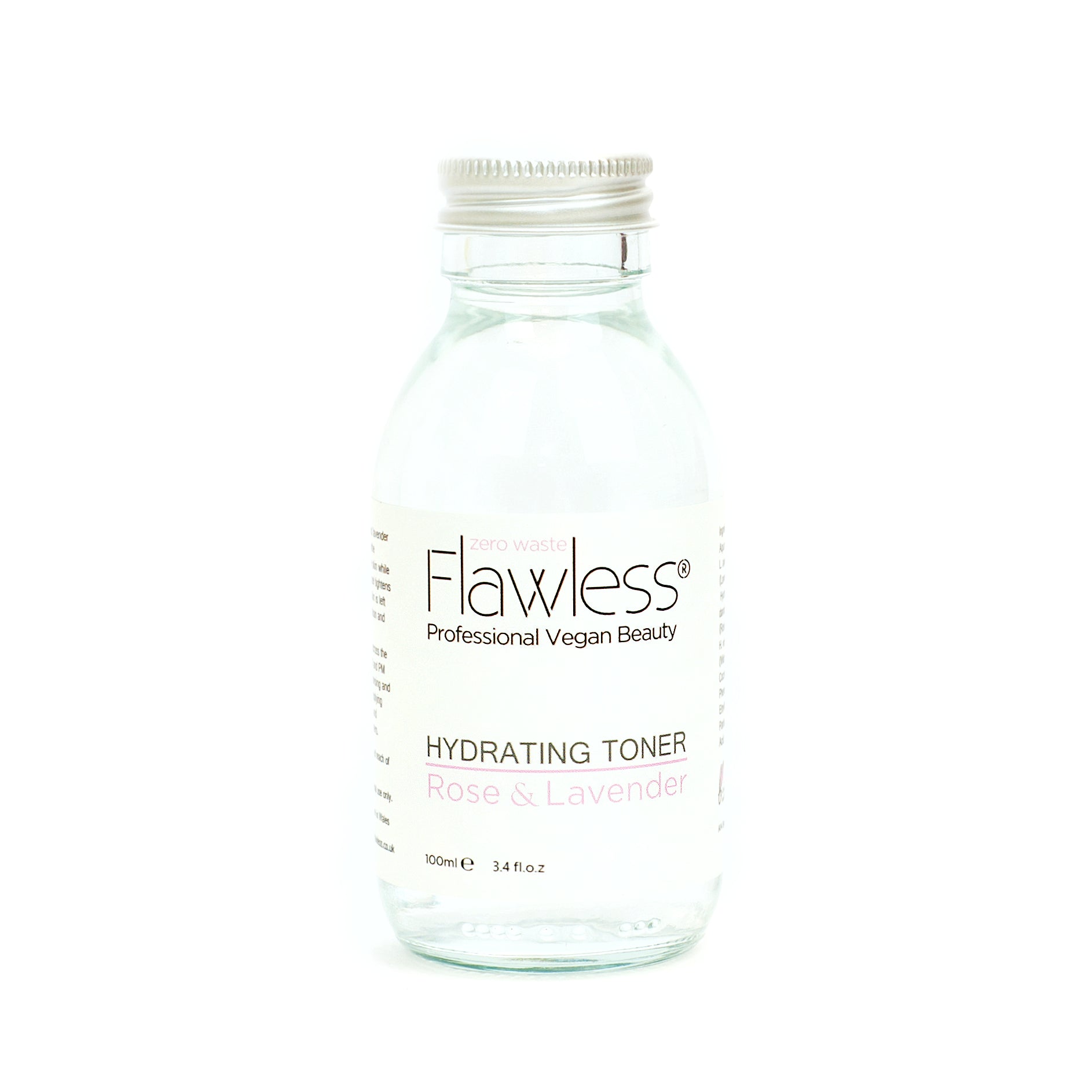 Hydrating Toner in a recycled glass bottle with rose and lavender ingredients, showcasing its eco-friendly packaging.