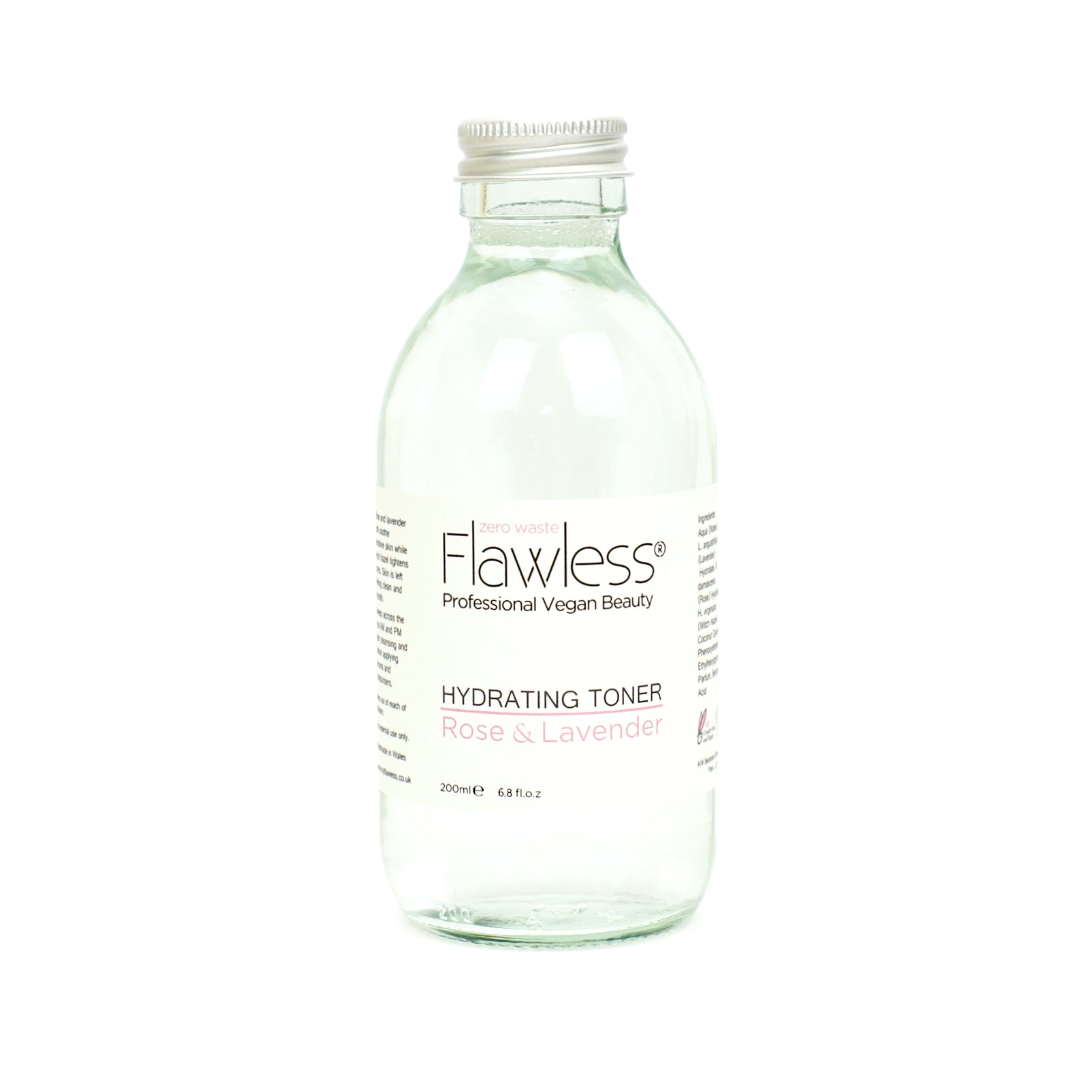 Hydrating Toner in a recycled glass bottle with rose and lavender ingredients, showcasing its eco-friendly packaging.