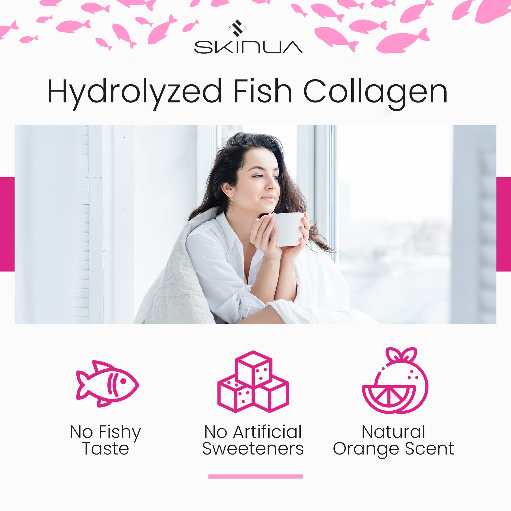 Hydrolyzed Fish Collagen Peptides Powder with Vitamin C in a scoop, showcasing its fine texture and packaging.