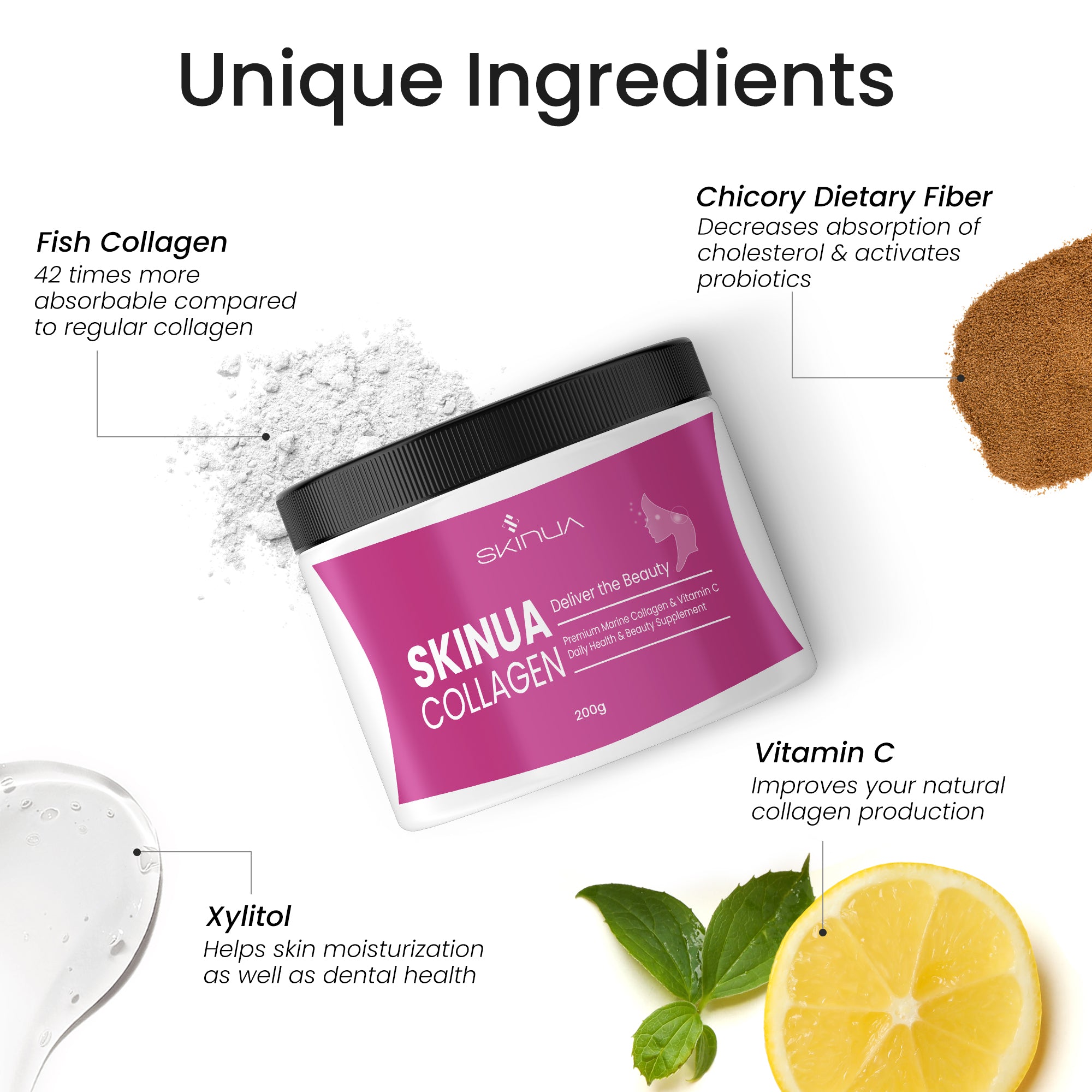 Hydrolyzed Fish Collagen Peptides Powder with Vitamin C in a scoop, showcasing its fine texture and packaging.