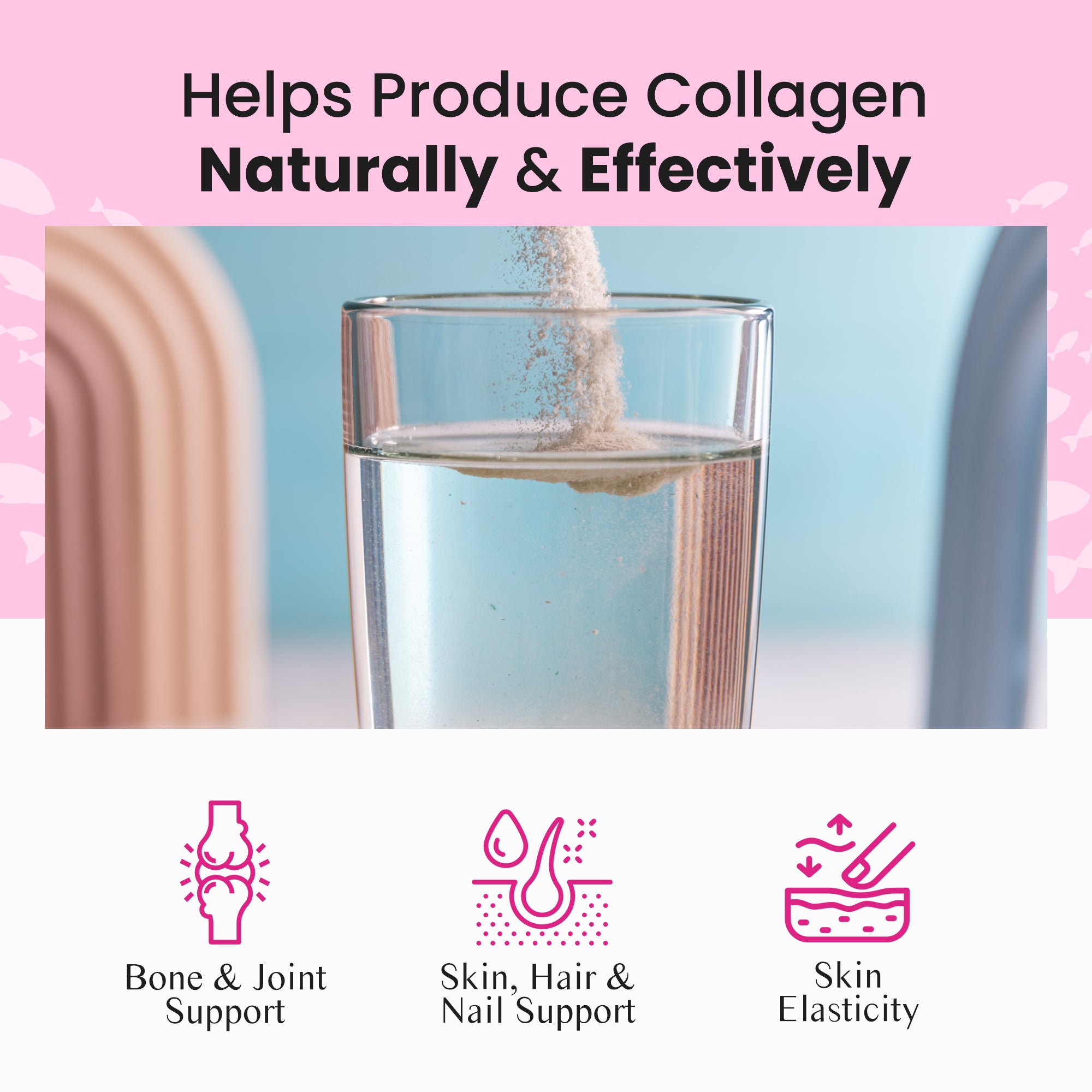 Hydrolyzed Fish Collagen Peptides Powder with Vitamin C in a scoop, showcasing its fine texture and packaging.