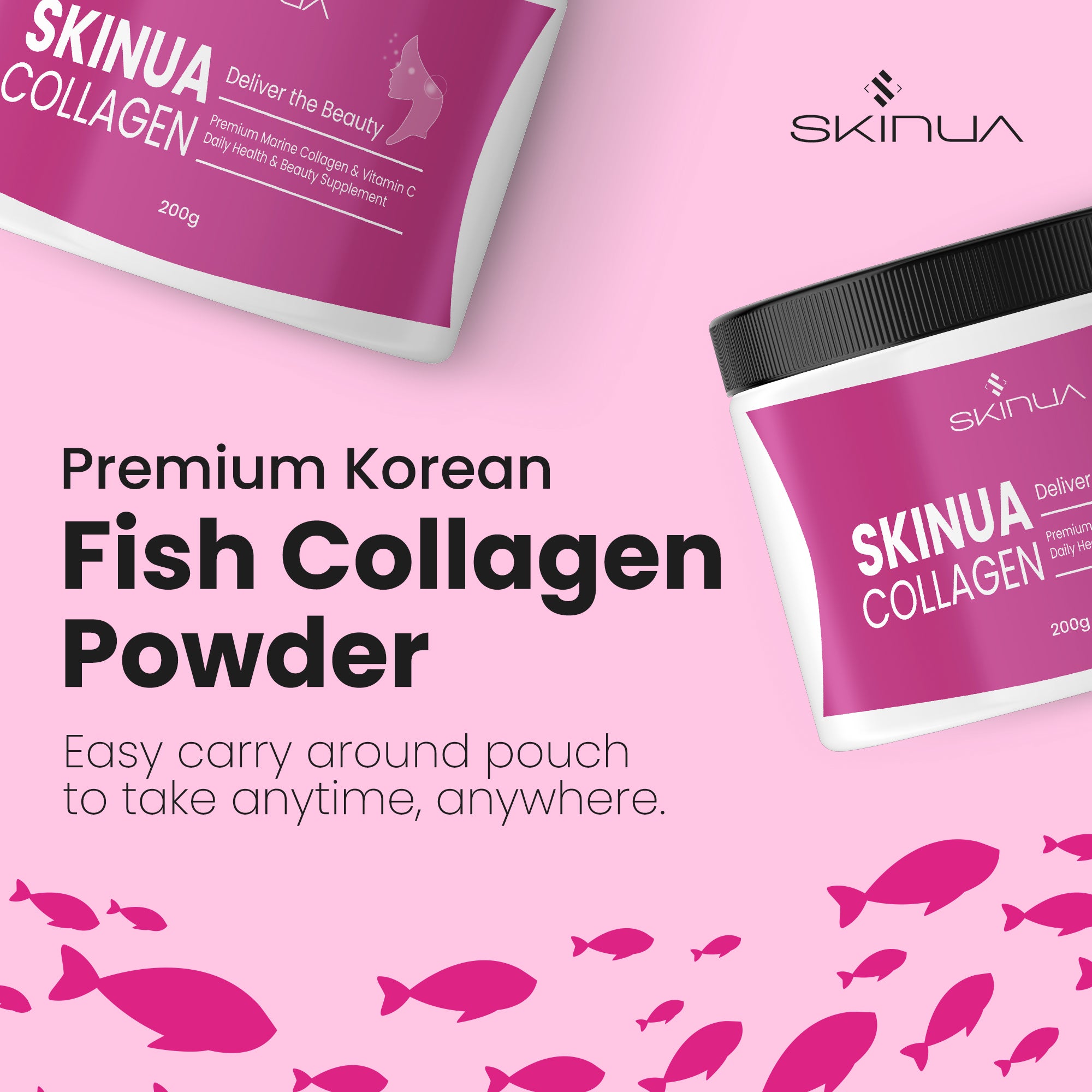 Hydrolyzed Fish Collagen Peptides Powder with Vitamin C in a scoop, showcasing its fine texture and packaging.