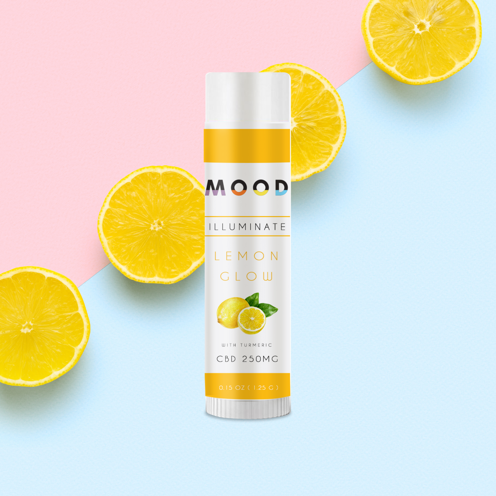 ILLUMINATE Lip Brightening Balm in a sleek tube, showcasing its vibrant packaging and natural ingredients like turmeric and lemon.