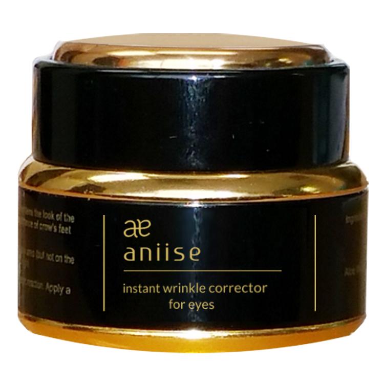 Aniise Instant Wrinkle-Corrector Serum for Eyes in a sleek bottle, showcasing its gel-like texture and natural ingredients.