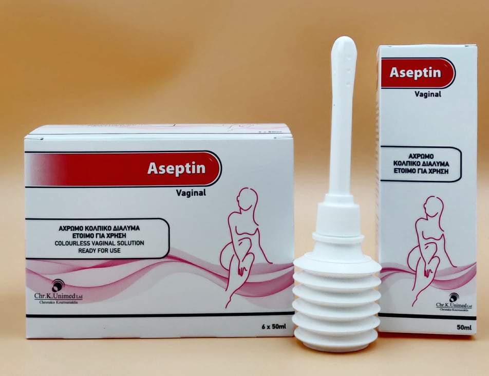 Aseptin Vaginal Intimate Wash packaging with six 50 ml applications, designed for vaginal health and comfort.