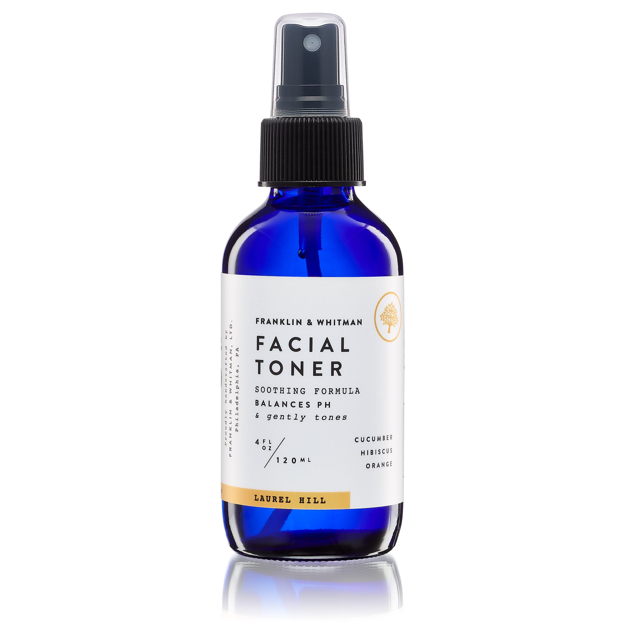 Laurel Hill Facial Toner in a 4oz glass bottle with a refreshing mist, featuring organic hydrosols for skin hydration.