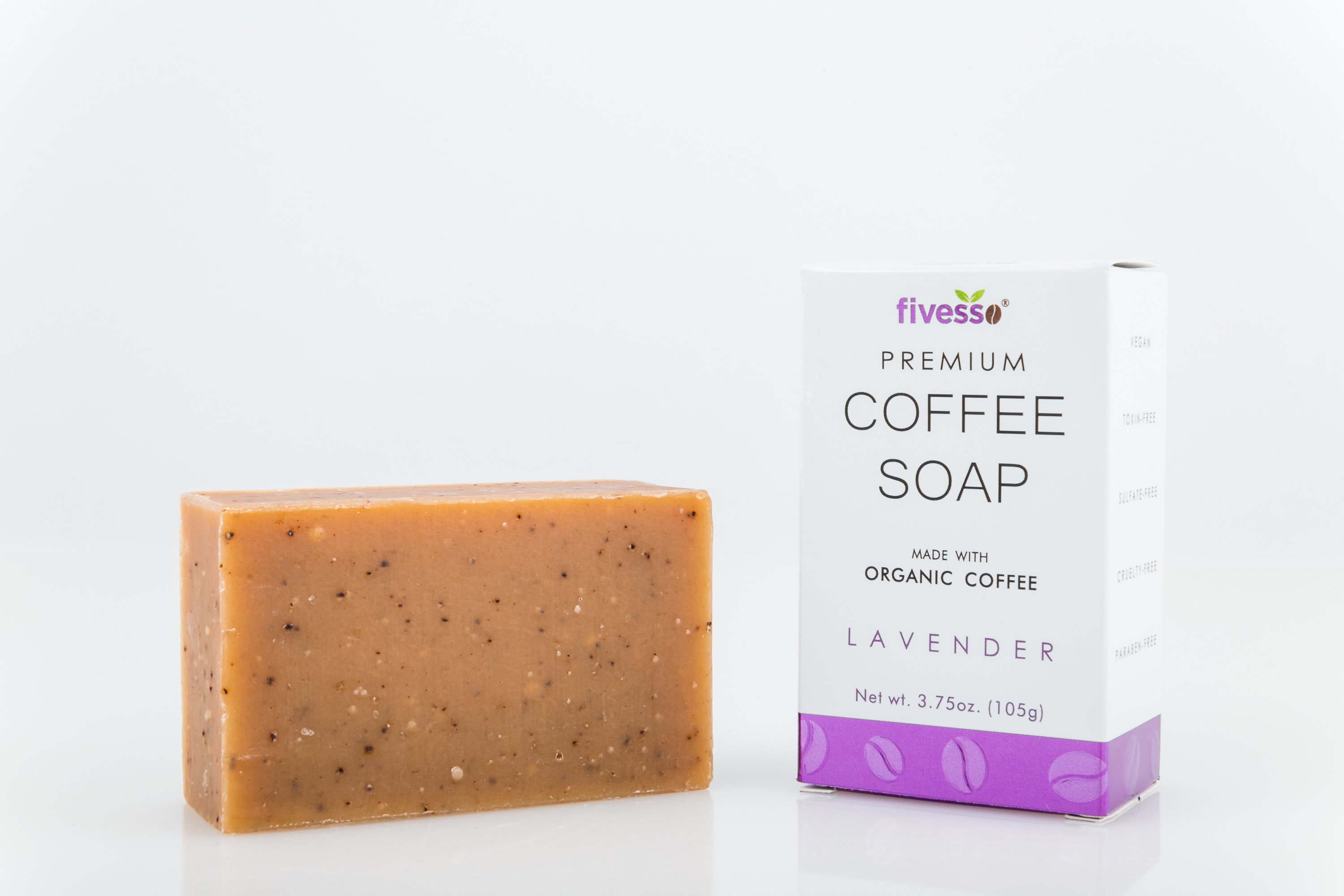 Fivesso Lavender Premium Coffee Soap Bar showcasing its rich texture and organic ingredients, perfect for exfoliating and moisturizing skin.