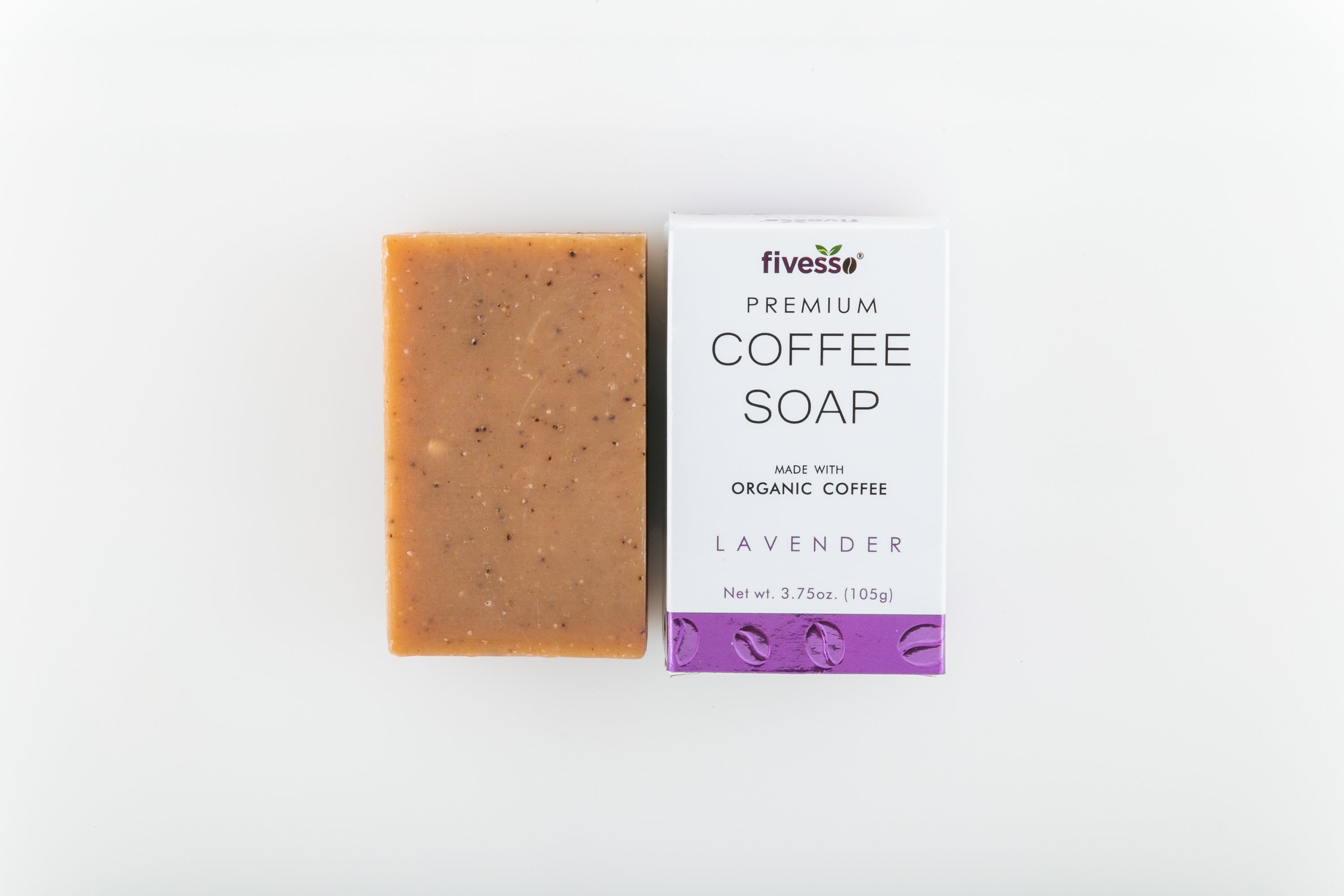 Fivesso Lavender Premium Coffee Soap Bar showcasing its rich texture and organic ingredients, perfect for exfoliating and moisturizing skin.