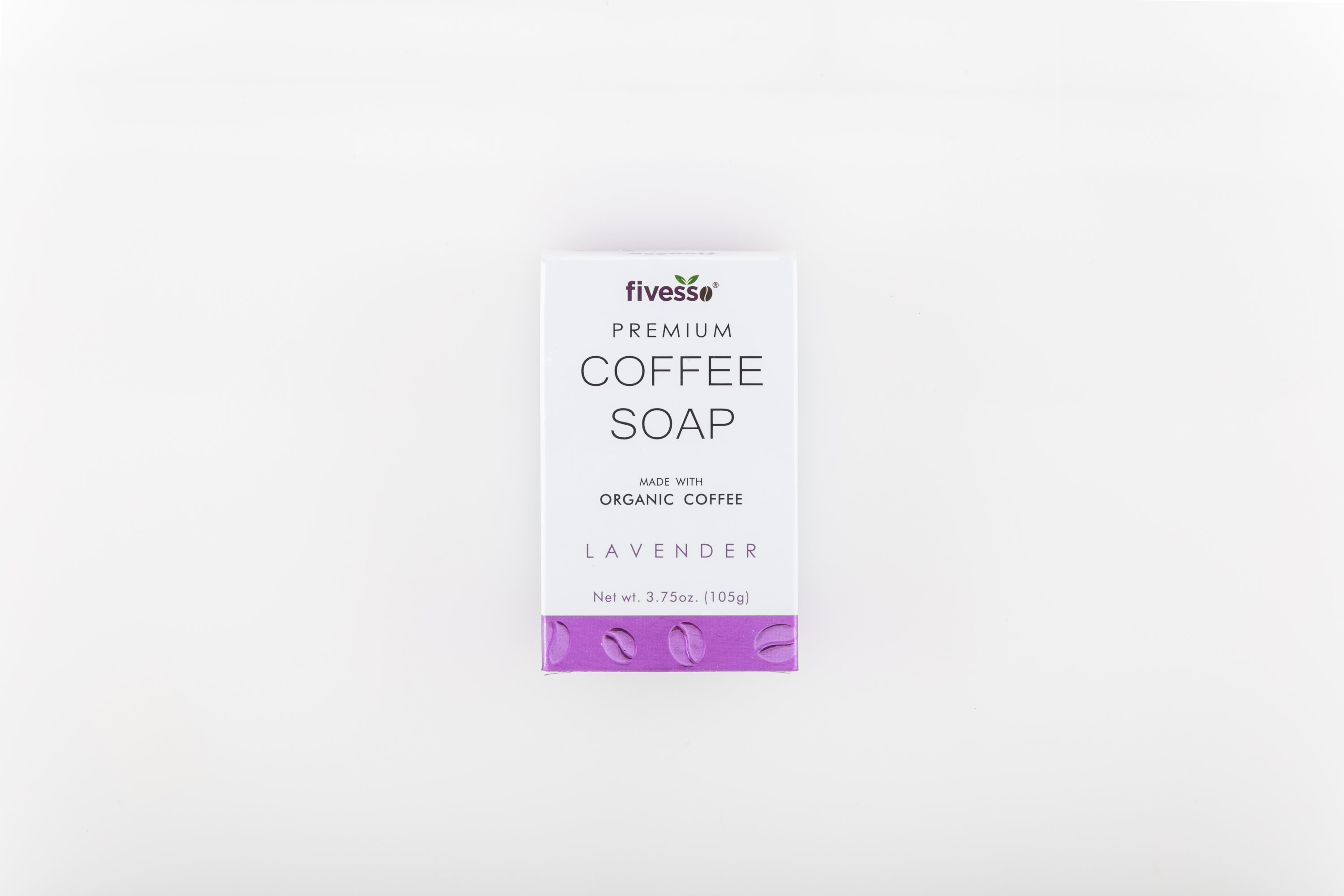 Fivesso Lavender Premium Coffee Soap Bar showcasing its rich texture and organic ingredients, perfect for exfoliating and moisturizing skin.