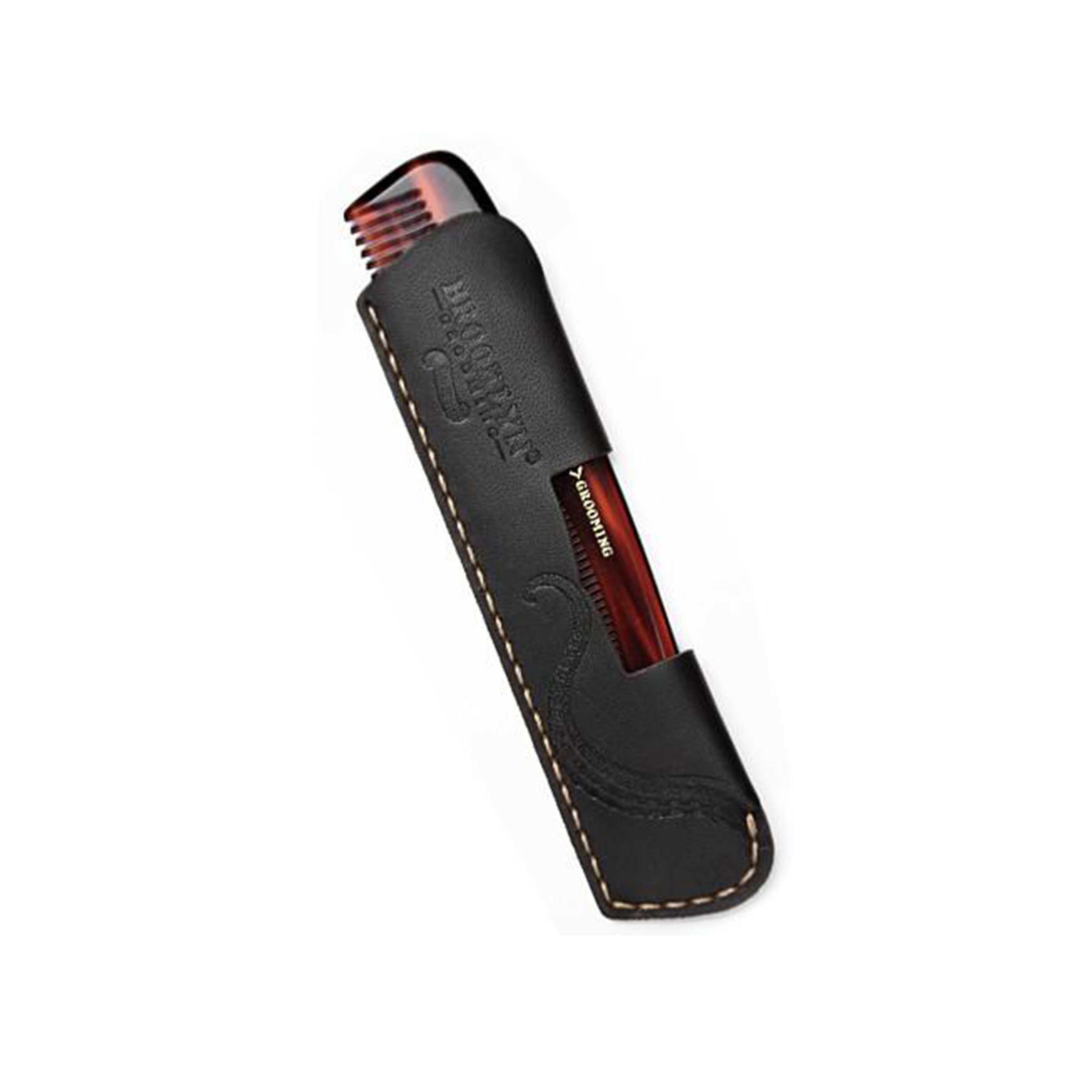 A luxurious leather comb sleeve with a pocket comb, featuring black leather and gold stitching, handcrafted in the USA.