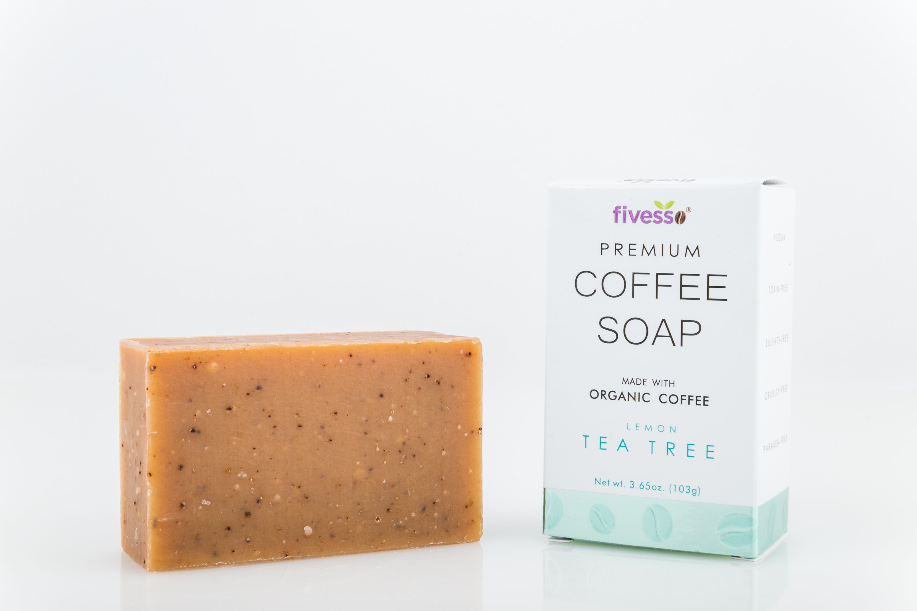 Lemon Tea Tree Premium Coffee Soap Bar showcasing its organic ingredients and rich texture, perfect for exfoliating and cleansing.