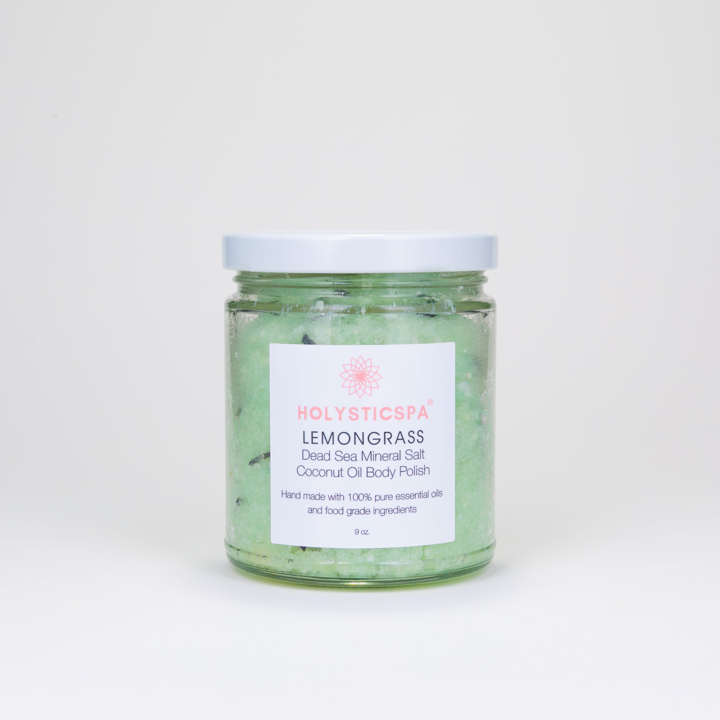 Lemongrass Body Polish in a jar with natural ingredients like Dead Sea salt and coconut oil, showcasing a refreshing and soothing skincare product.