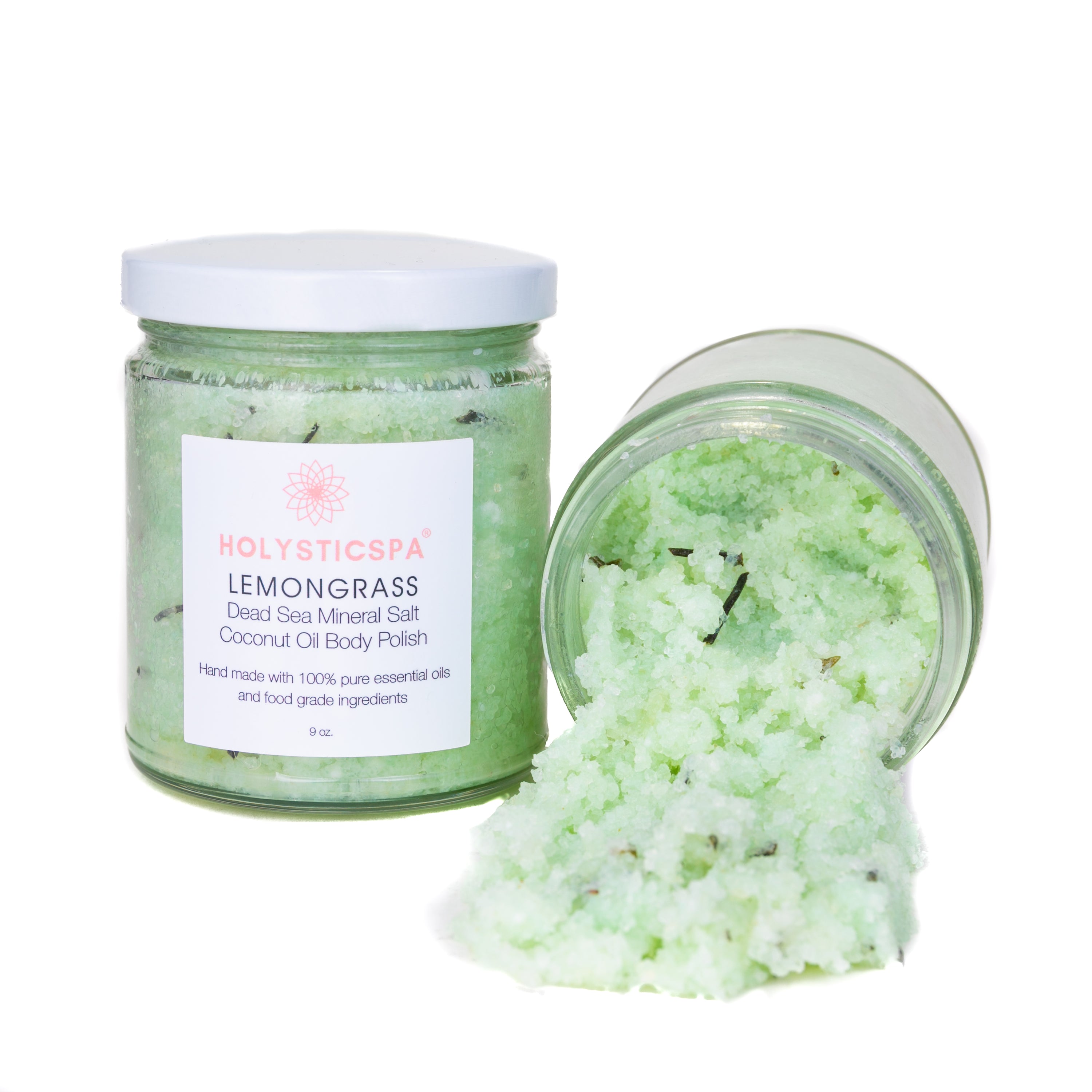 Lemongrass Body Polish in a jar with natural ingredients like Dead Sea salt and coconut oil, showcasing a refreshing and soothing skincare product.