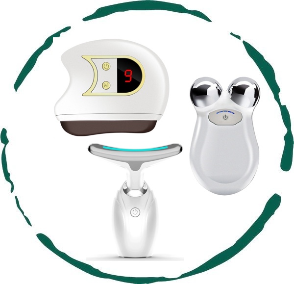 Lift, Sculpt & Glow Toolkit featuring LED therapy device, electric gua sha, and microcurrent facial toning massager for at-home spa treatments.