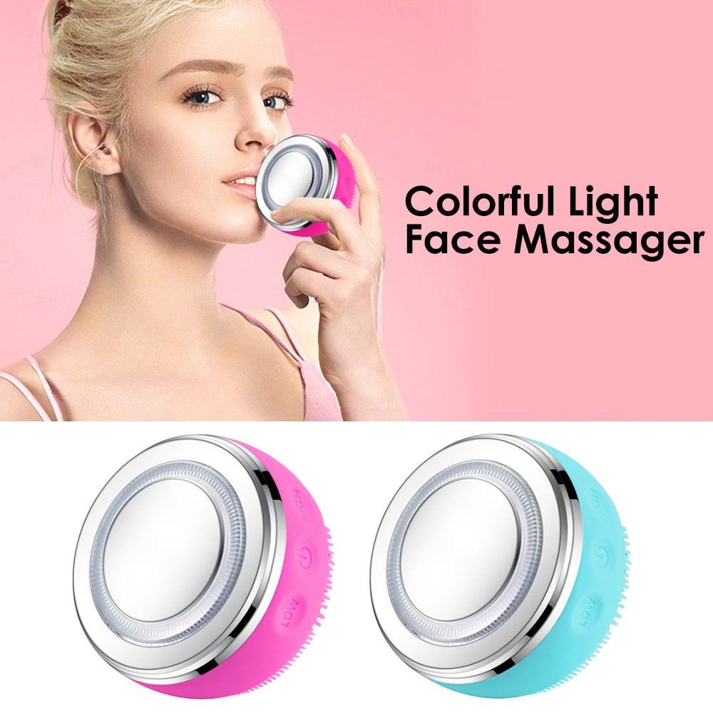 Light Face Massager Waterproof Electric Facial Cleanser in rose red and blue, showcasing its sleek design and multifunctional features.