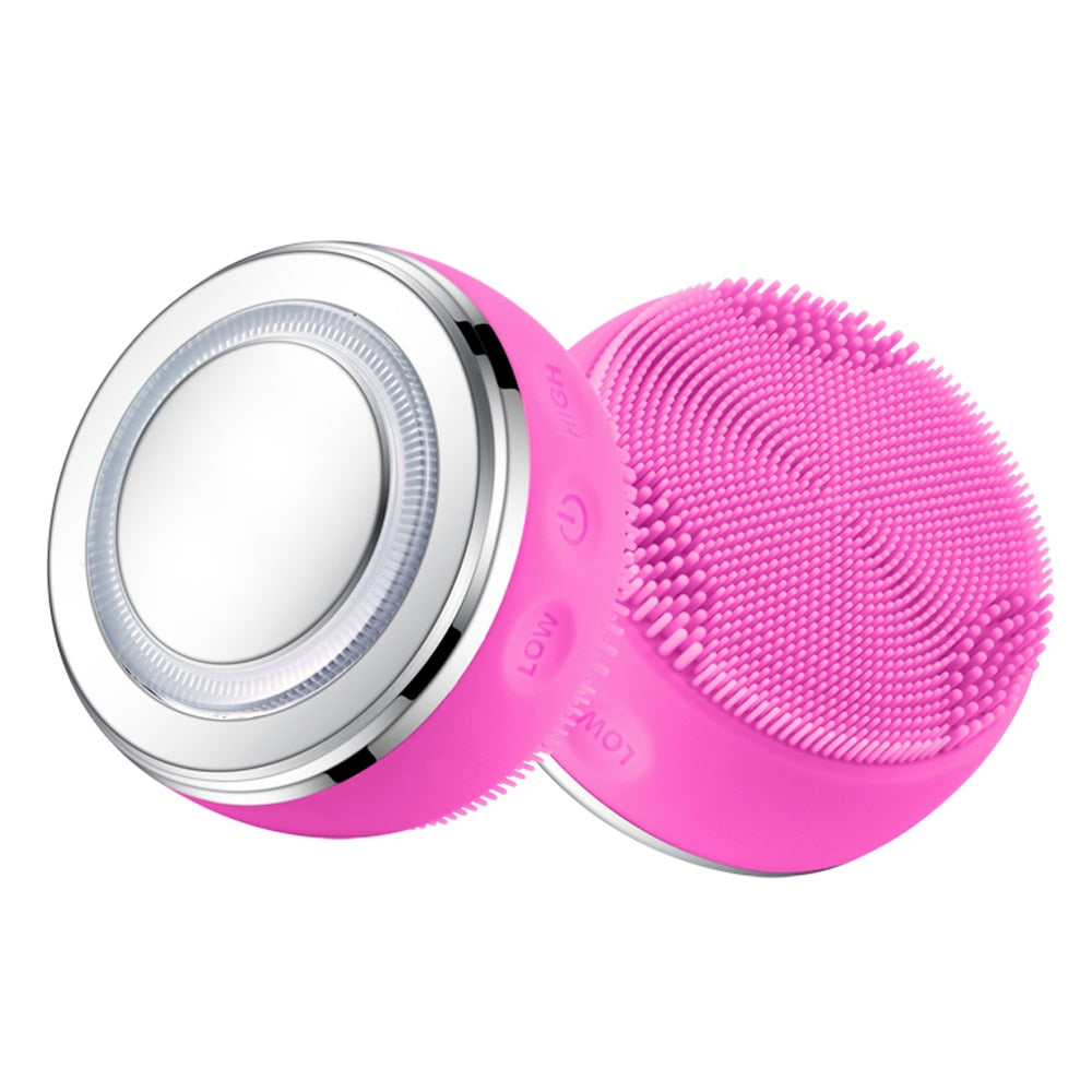 Light Face Massager Waterproof Electric Facial Cleanser in rose red and blue, showcasing its sleek design and multifunctional features.