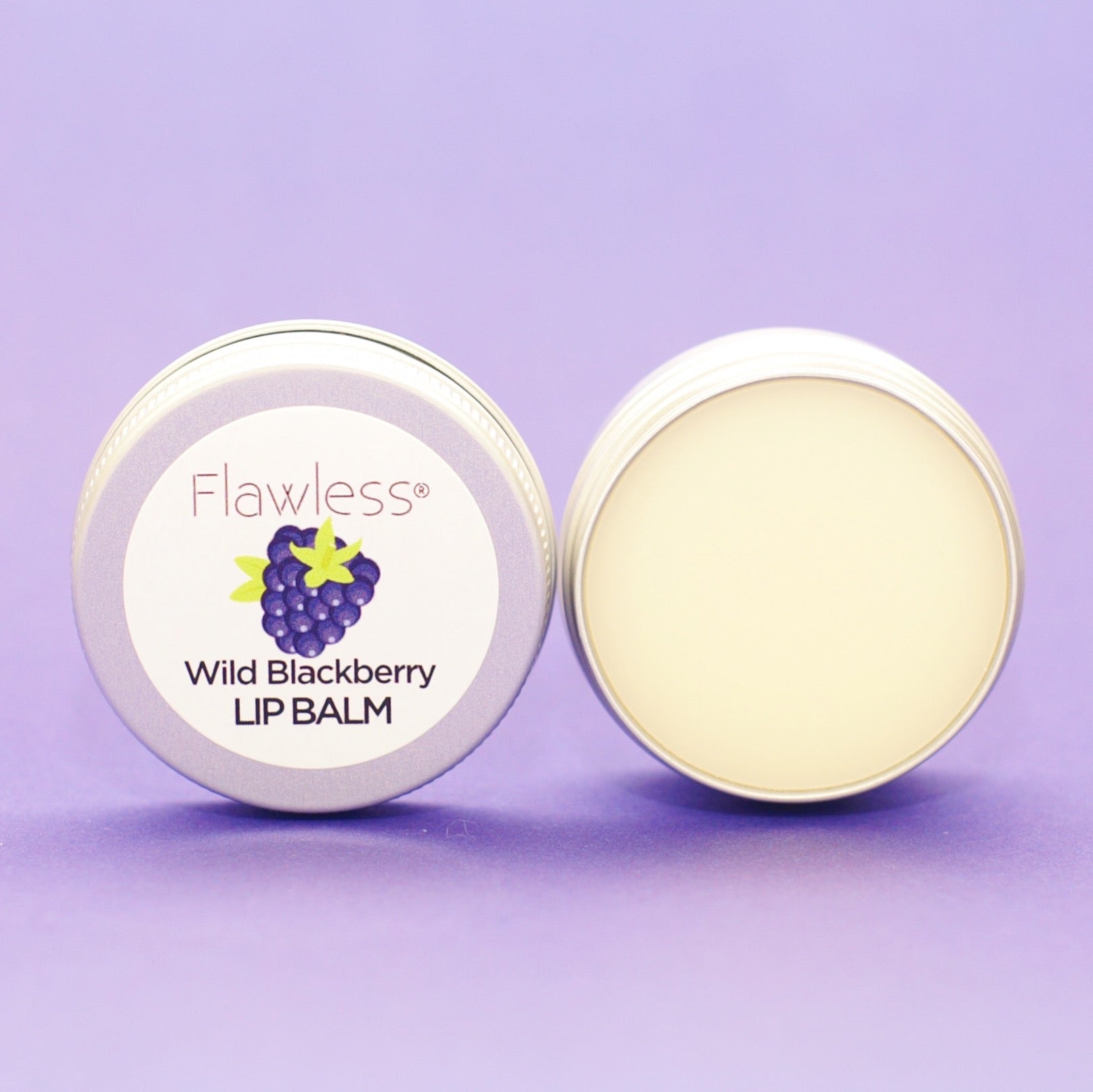 Wild Blackberry Lip Balm in a 15g recycled aluminum tin, showcasing its fruity flavor and natural ingredients.