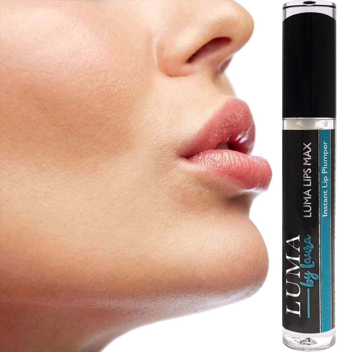 Luma Lips Max lip plumper gloss with a sleek applicator, showcasing its clear and glossy finish, perfect for achieving fuller lips.