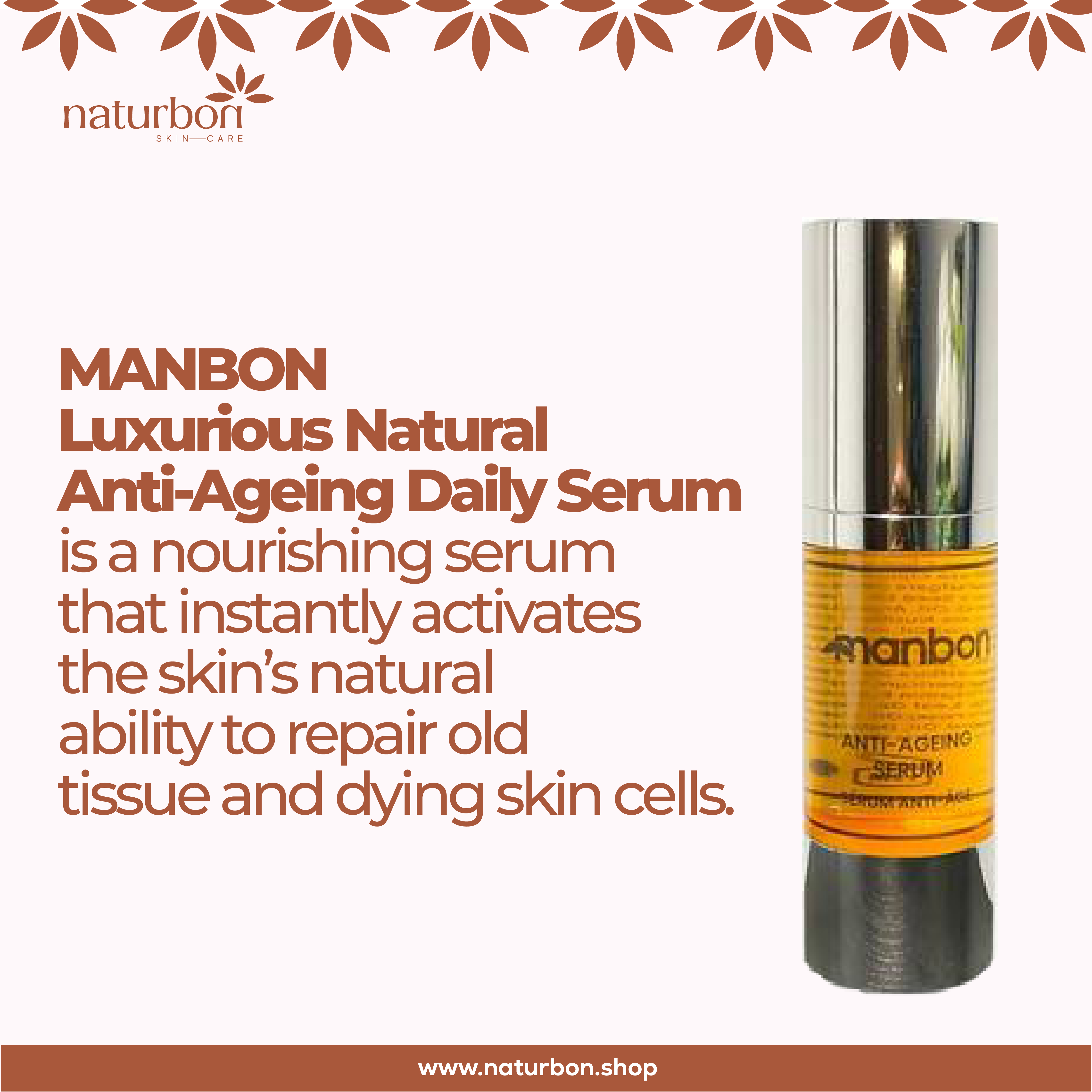 MANBON Luxurious Natural Anti-Ageing Daily Serum in a sleek bottle, showcasing its rich, golden serum texture, surrounded by natural ingredients.