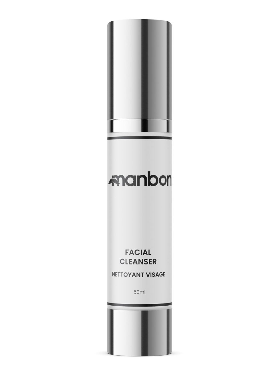 MANBON Luxurious Natural Facial Cleanser bottle with organic ingredients, designed for men's skincare.