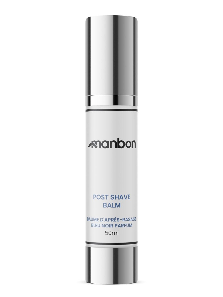 MANBON Luxurious Natural Post-Shave Balm in an elegant airless dispenser, featuring Bleu Noir fragrance, perfect for post-shave care.