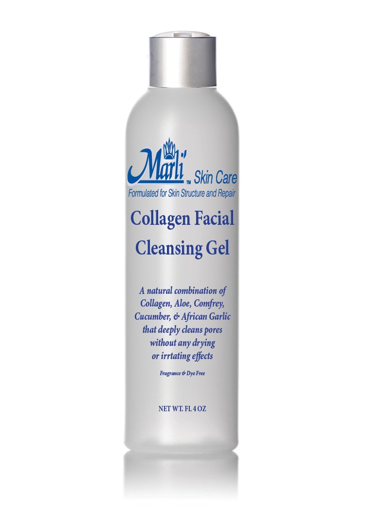 Marli Collagen Facial Cleansing Gel bottle with natural ingredients like aloe and cucumber in the background.