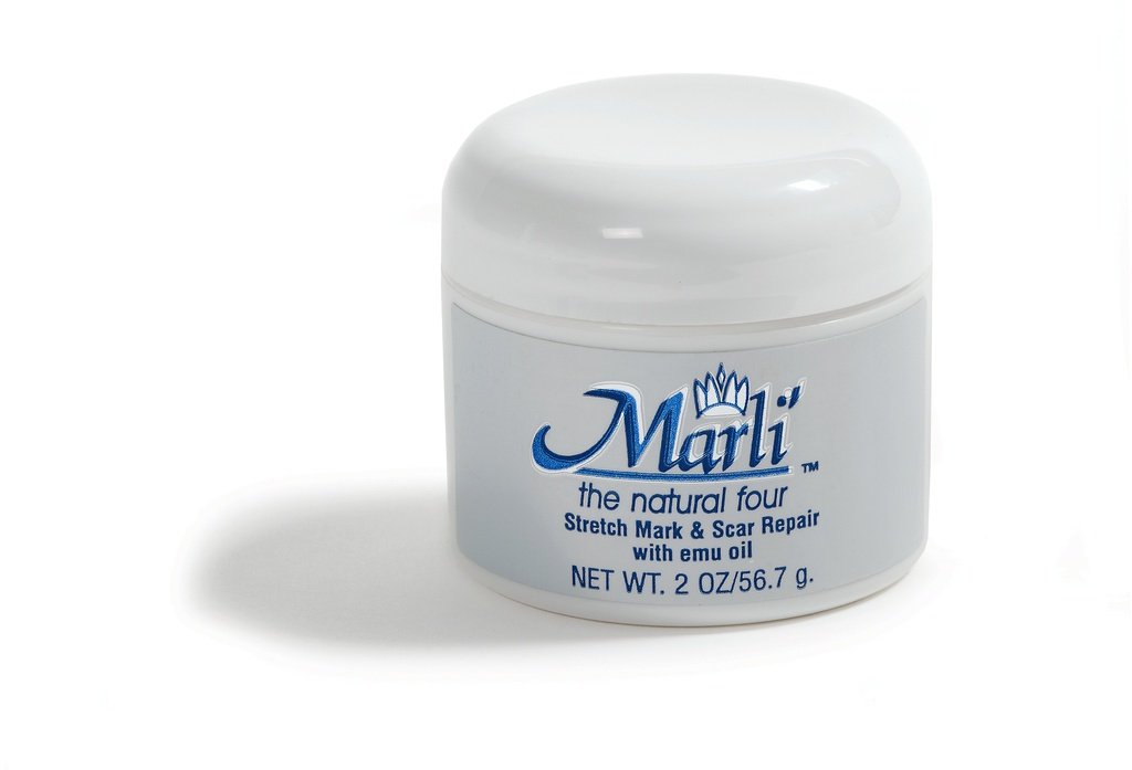 Marli' Skin Care Stretch Mark & Scar Repair Cream in a jar, showcasing its rich texture and natural ingredients.