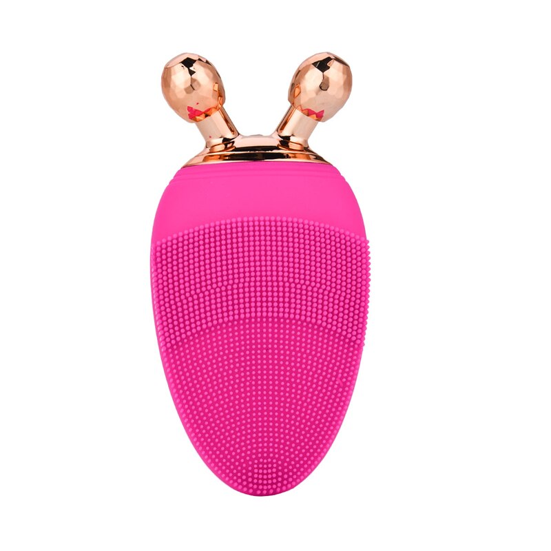 Electric facial cleansing brush with dual bristles for cleansing and massage, featuring a stylish design in pink and rose red.