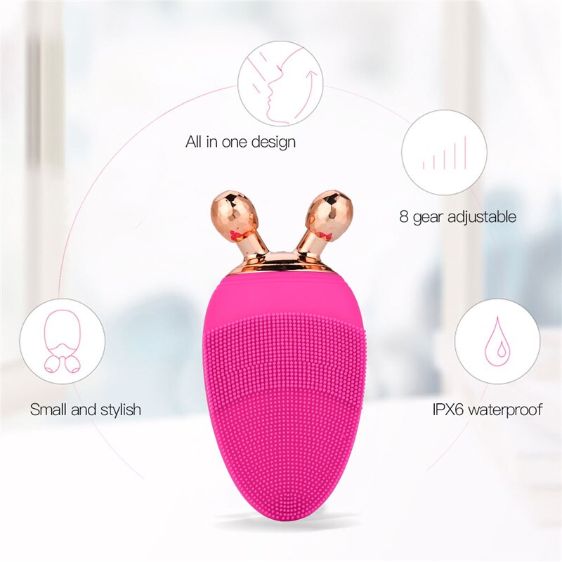 Electric facial cleansing brush with dual bristles for cleansing and massage, featuring a stylish design in pink and rose red.