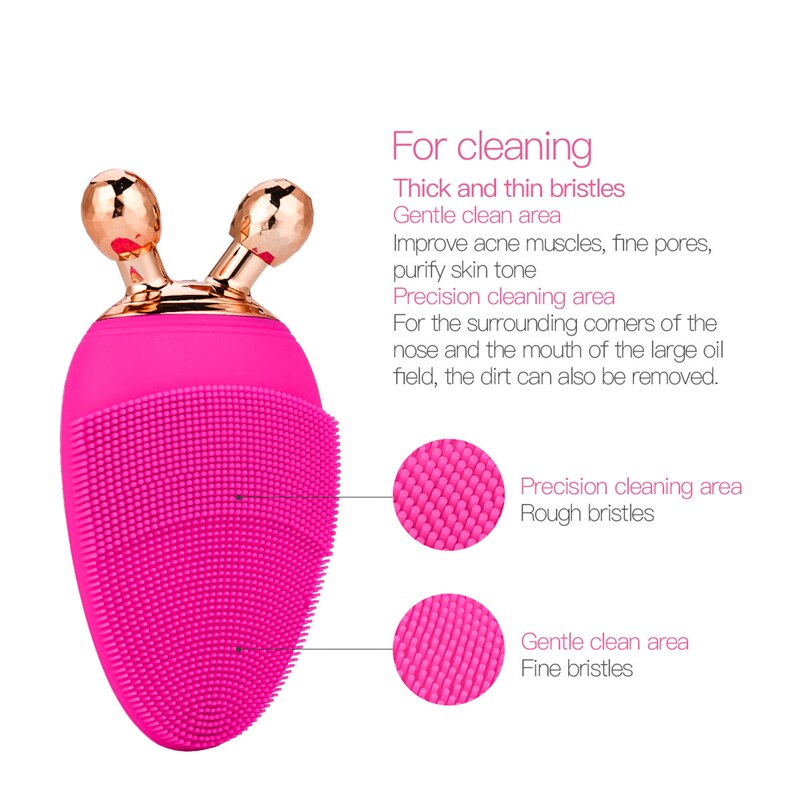 Electric facial cleansing brush with dual bristles for cleansing and massage, featuring a stylish design in pink and rose red.