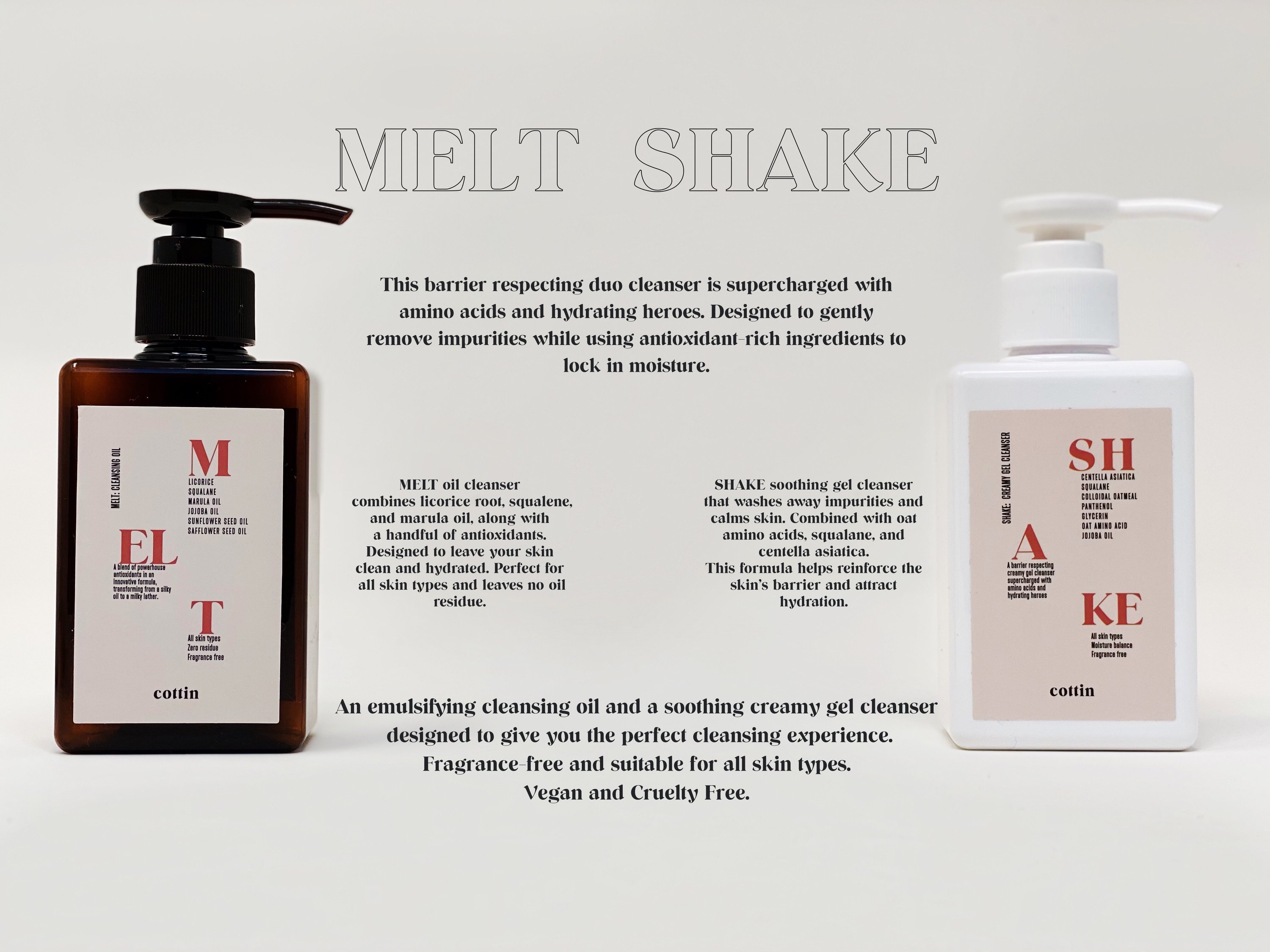 MELTSHAKE Cleansing Duo featuring a hydrating cleansing oil and a soothing creamy gel cleanser in elegant packaging.