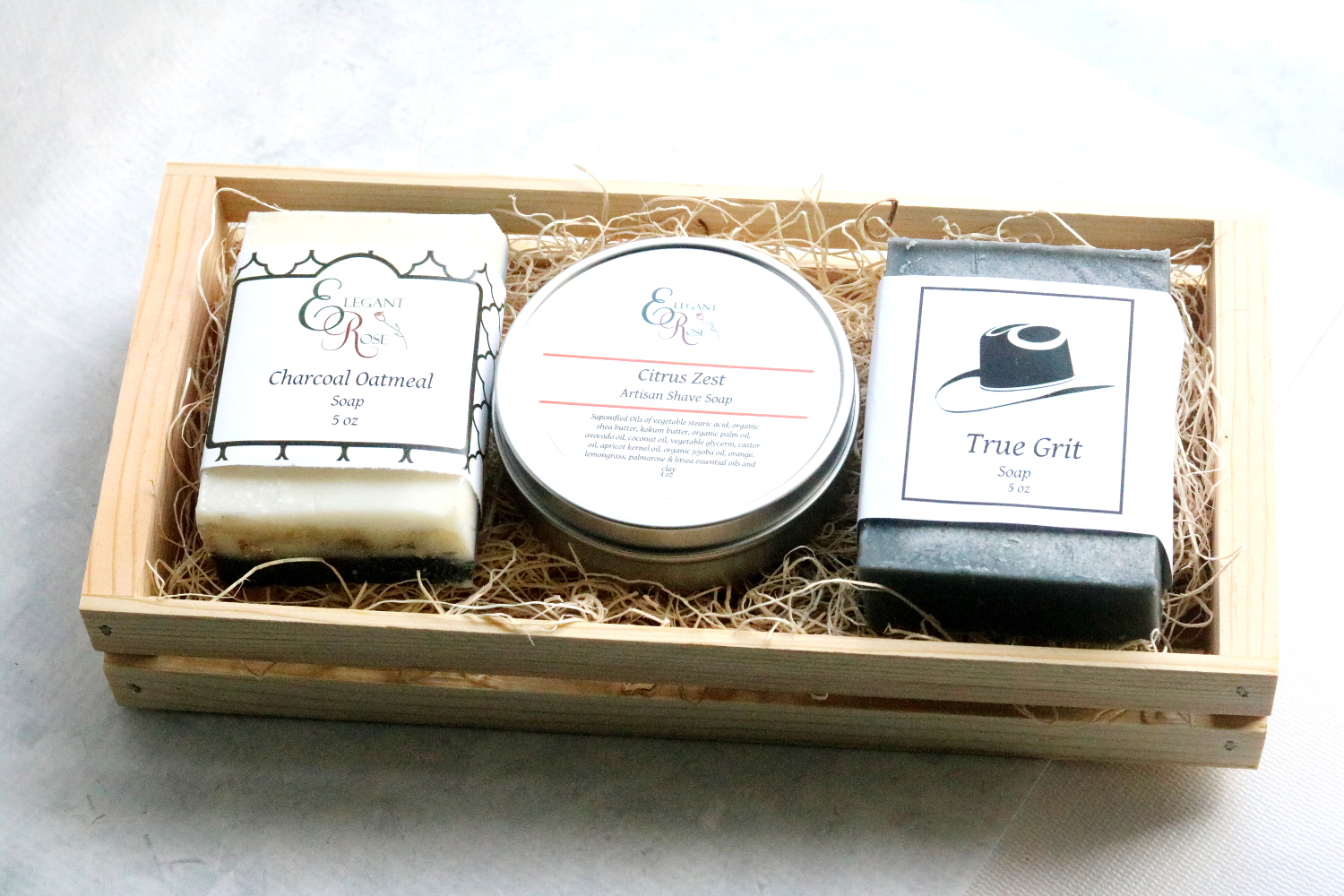 Men's Gift Set featuring three natural soaps in a wooden crate, perfect for Father's Day.