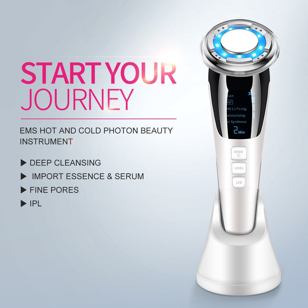 Mesotherapy Electroporation RF Facial LED Photon Light device with a sleek design, showcasing its features and controls for effective skincare.