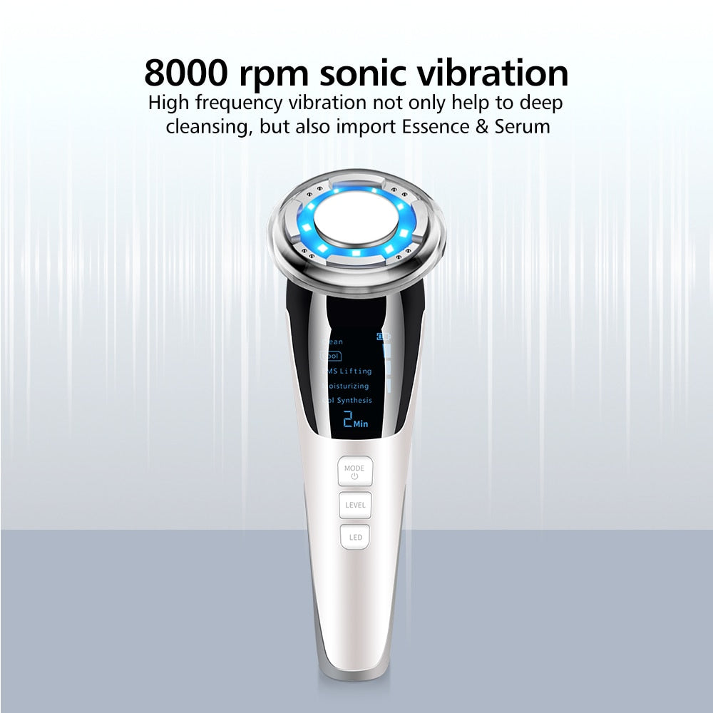 Mesotherapy Electroporation RF Facial LED Photon Light device with a sleek design, showcasing its features and controls for effective skincare.