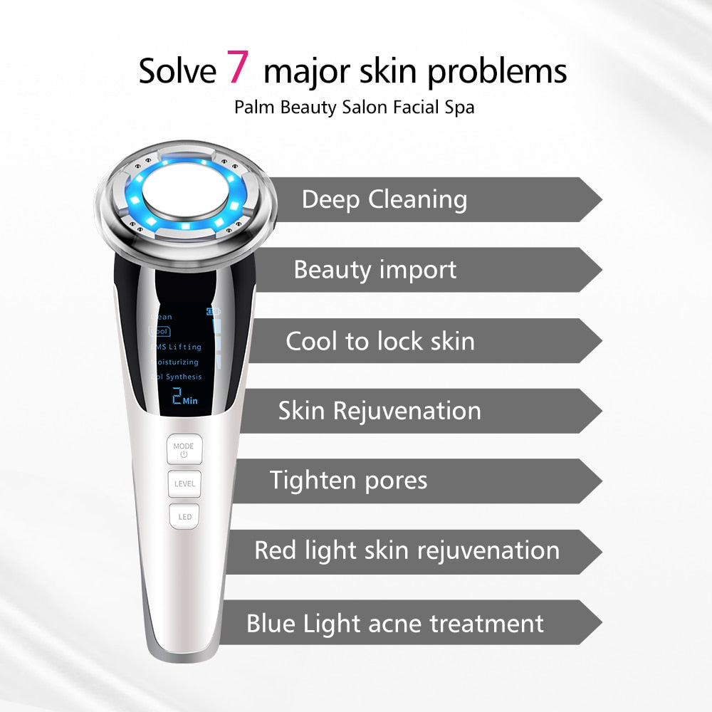 Mesotherapy Electroporation RF Facial LED Photon Light device with a sleek design, showcasing its features and controls for effective skincare.