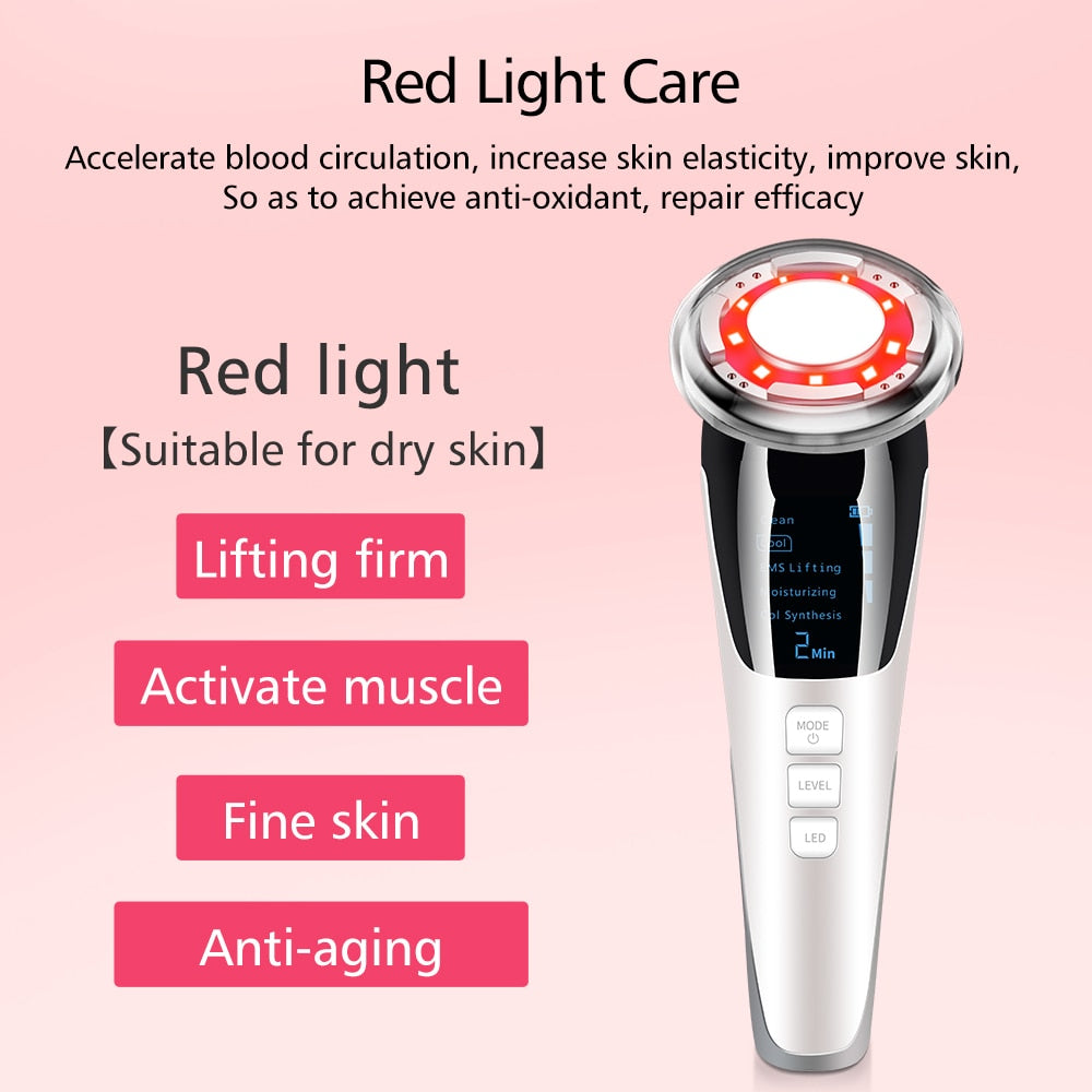 Mesotherapy Electroporation RF Facial LED Photon Light device with a sleek design, showcasing its features and controls for effective skincare.