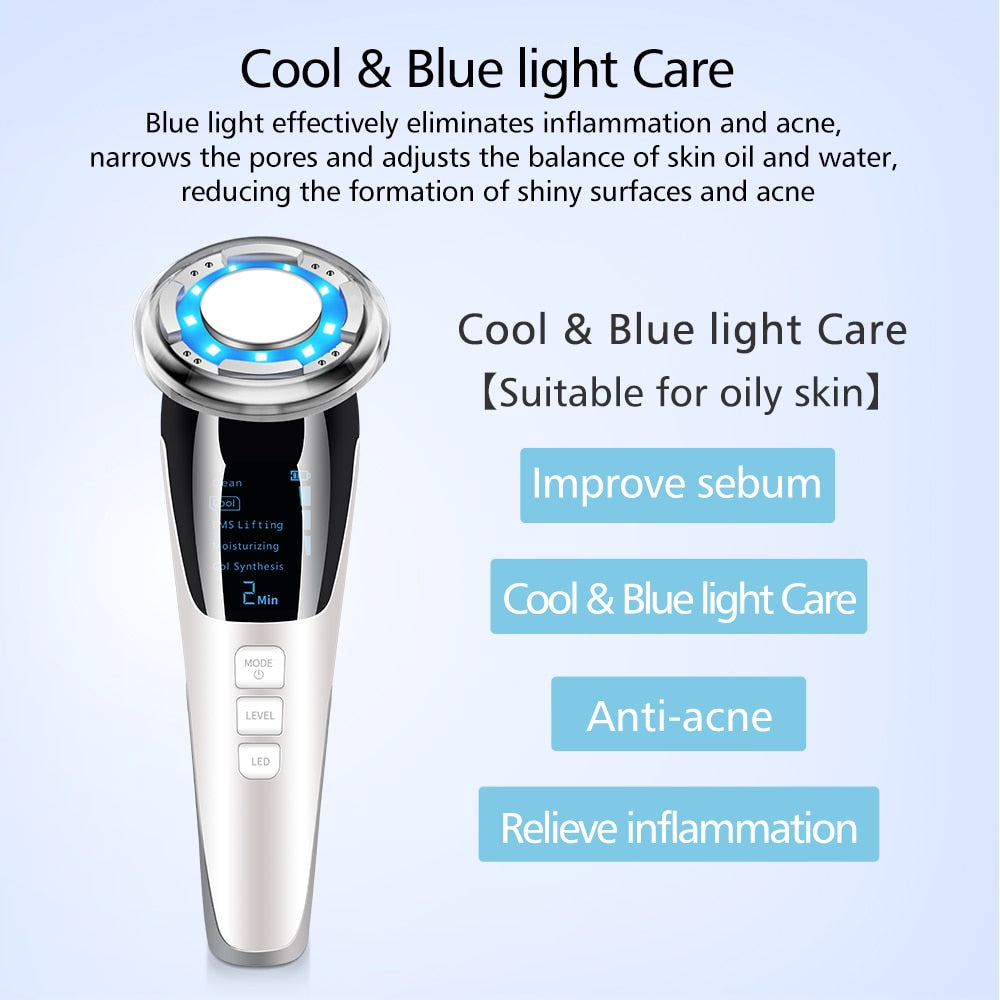 Mesotherapy Electroporation RF Facial LED Photon Light device with a sleek design, showcasing its features and controls for effective skincare.