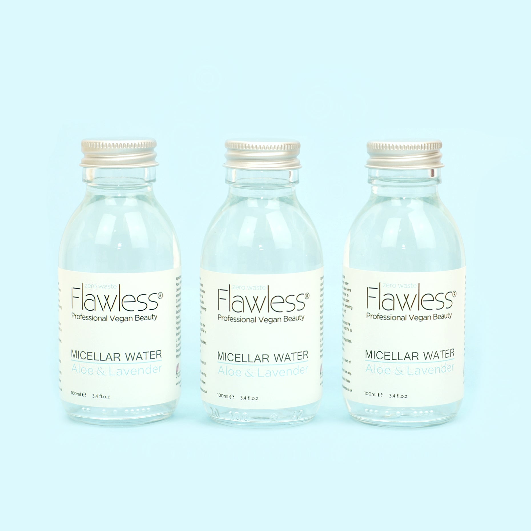 Aloe and Lavender Micellar Water in a recycled glass bottle with an aluminum lid, showcasing its eco-friendly packaging.