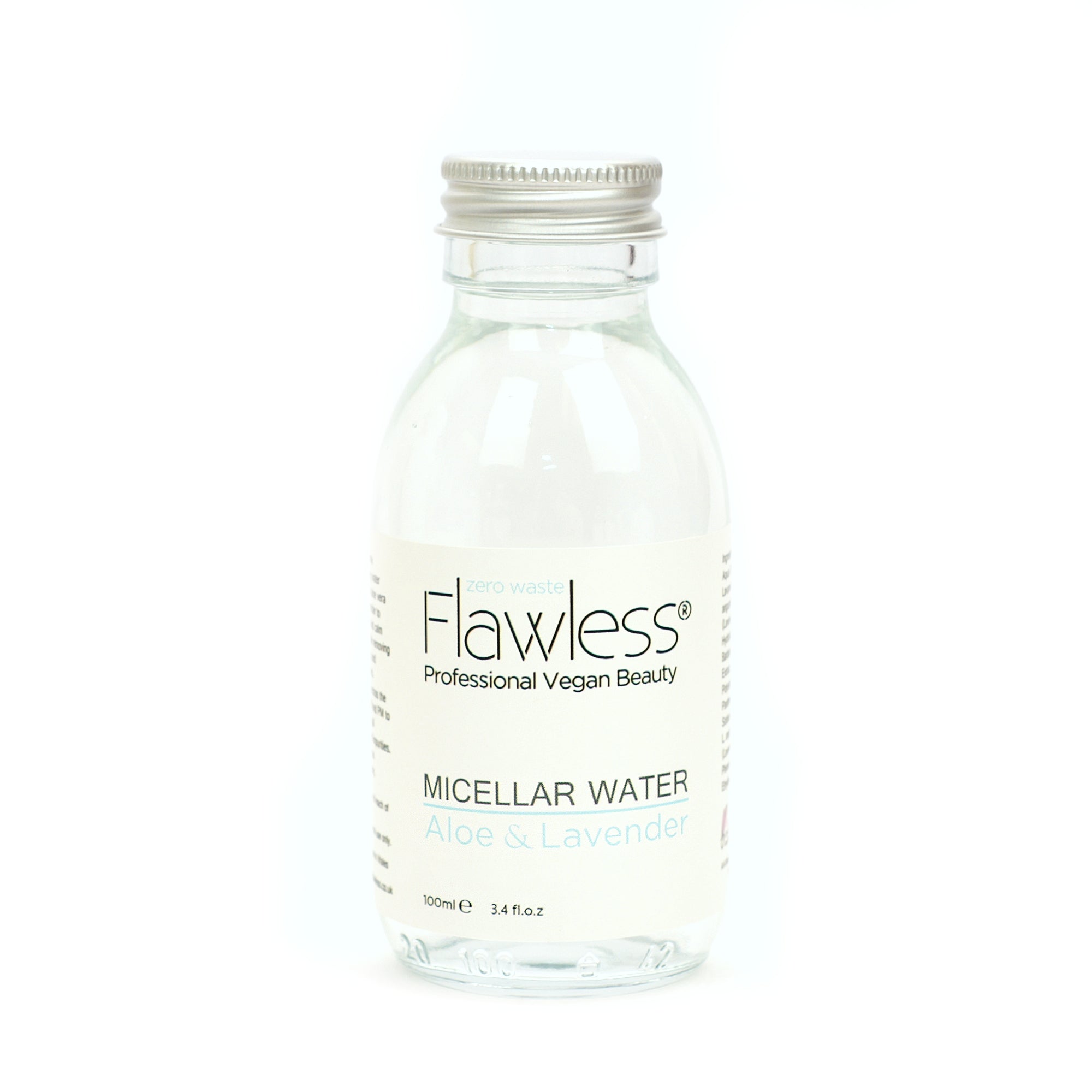 Aloe and Lavender Micellar Water in a recycled glass bottle with an aluminum lid, showcasing its eco-friendly packaging.