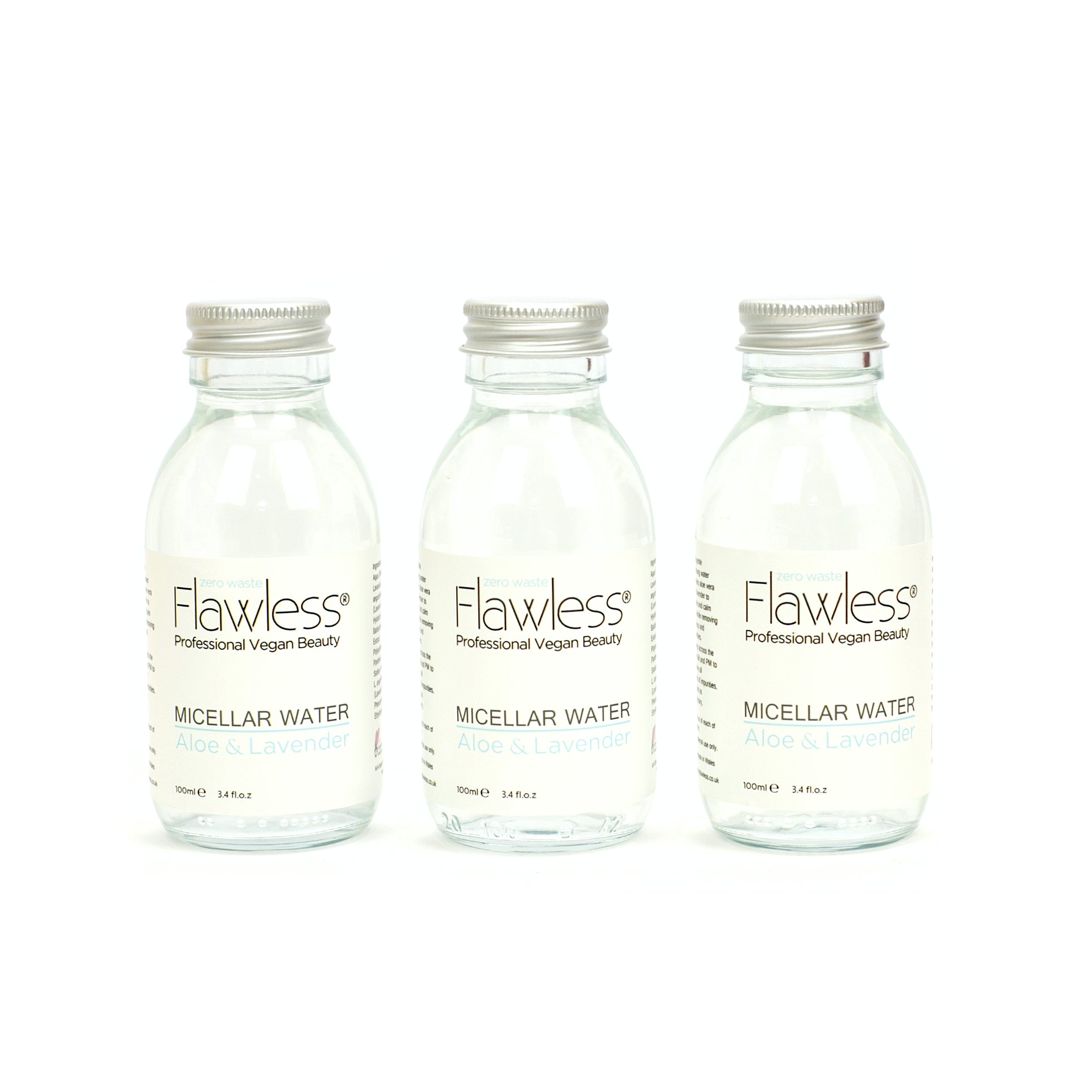 Aloe and Lavender Micellar Water in a recycled glass bottle with an aluminum lid, showcasing its eco-friendly packaging.