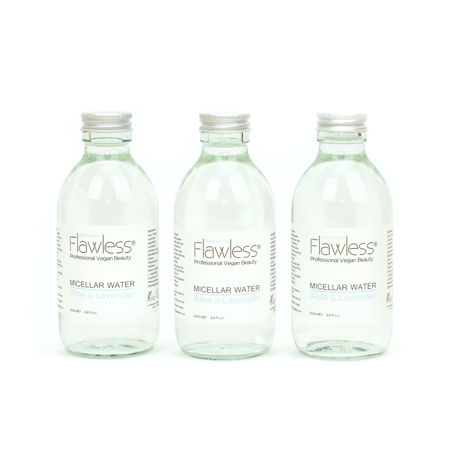 Aloe and Lavender Micellar Water in a recycled glass bottle with an aluminum lid, showcasing its eco-friendly packaging.