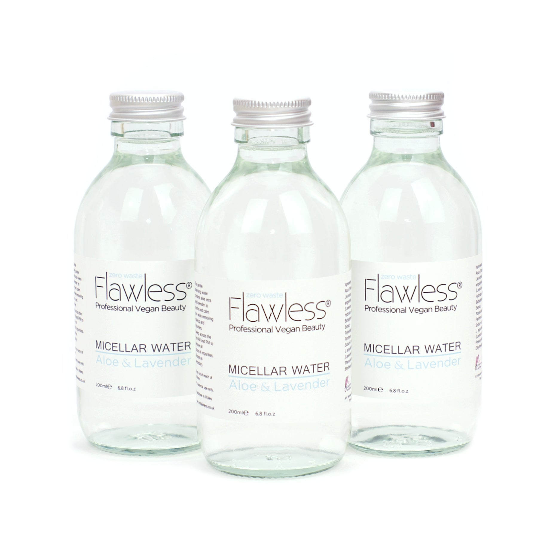 Aloe and Lavender Micellar Water in a recycled glass bottle with an aluminum lid, showcasing its eco-friendly packaging.