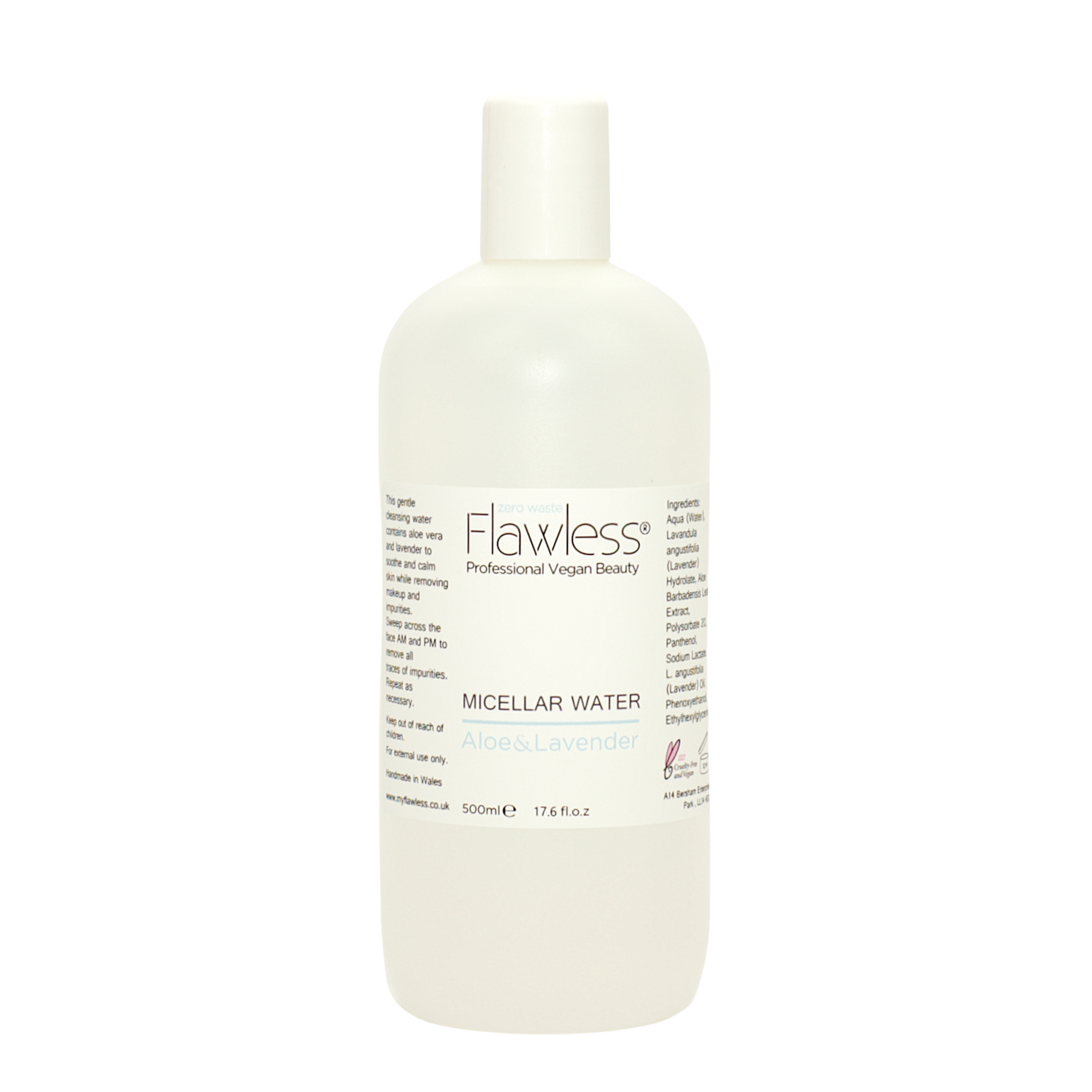 500ml Micellar Water Refill bottle with Aloe and Lavender, designed for eco-friendly skincare.