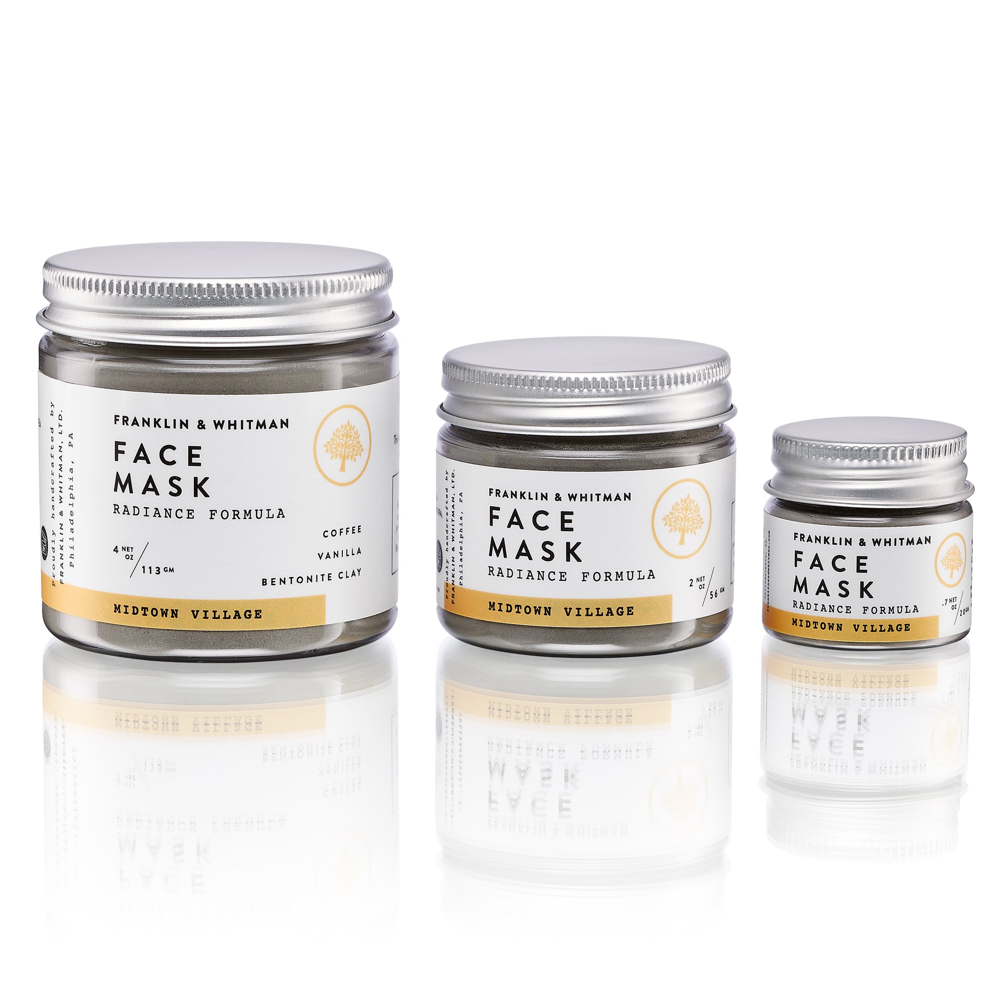 Midtown Village Clay Mask in a jar with a wooden spoon, showcasing its powdery texture and natural ingredients.