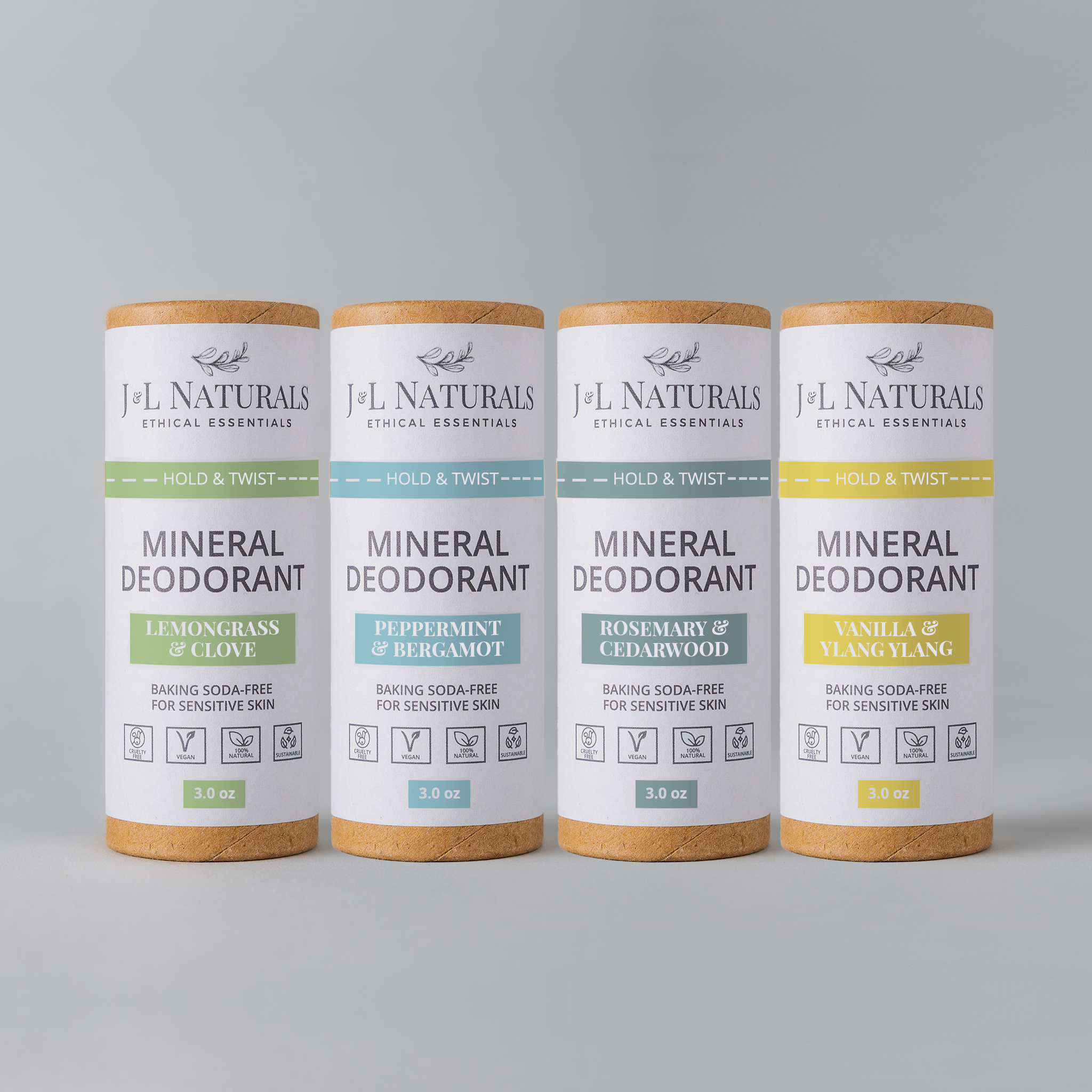 A 4-pack of Mineral Deodorant sticks, featuring a smooth glide-on formula, suitable for sensitive skin and baking soda-free.