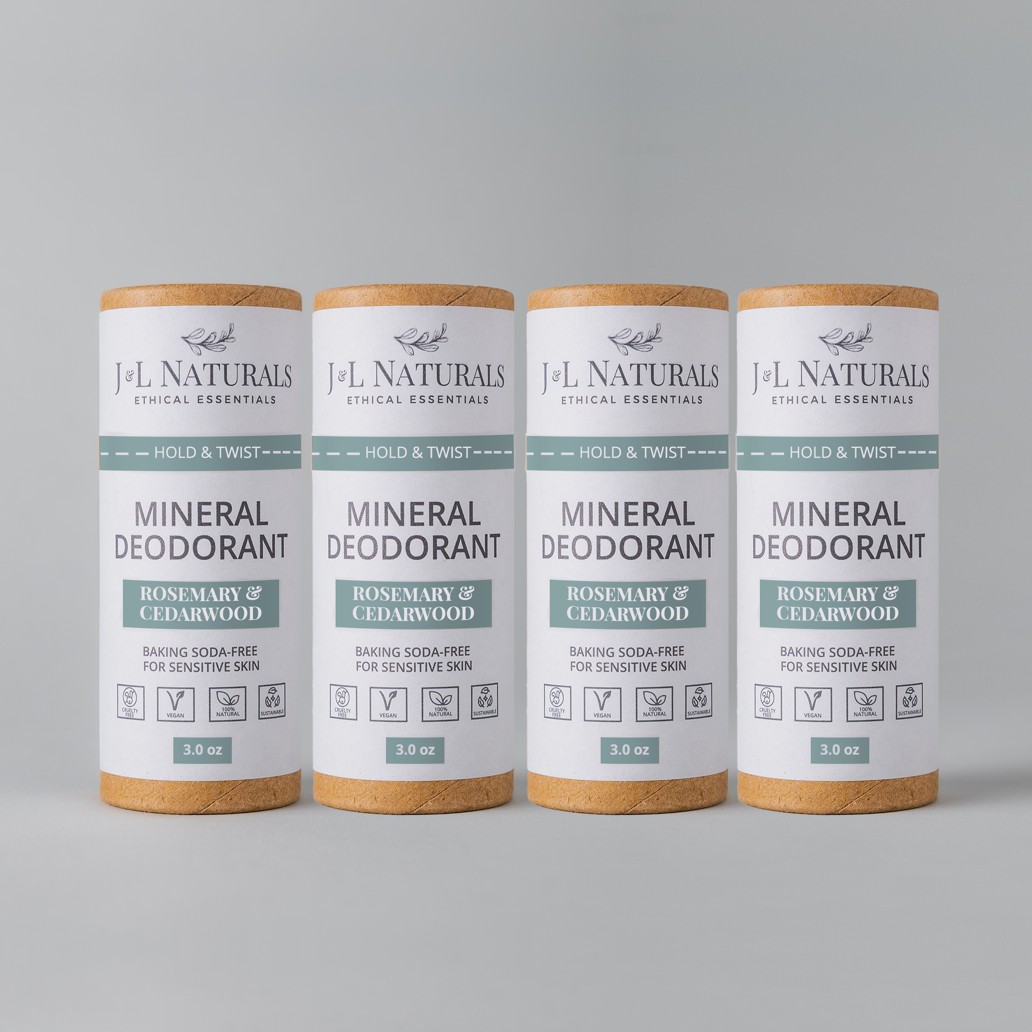 A 4-pack of Mineral Deodorant sticks, featuring a smooth glide-on formula, suitable for sensitive skin and baking soda-free.