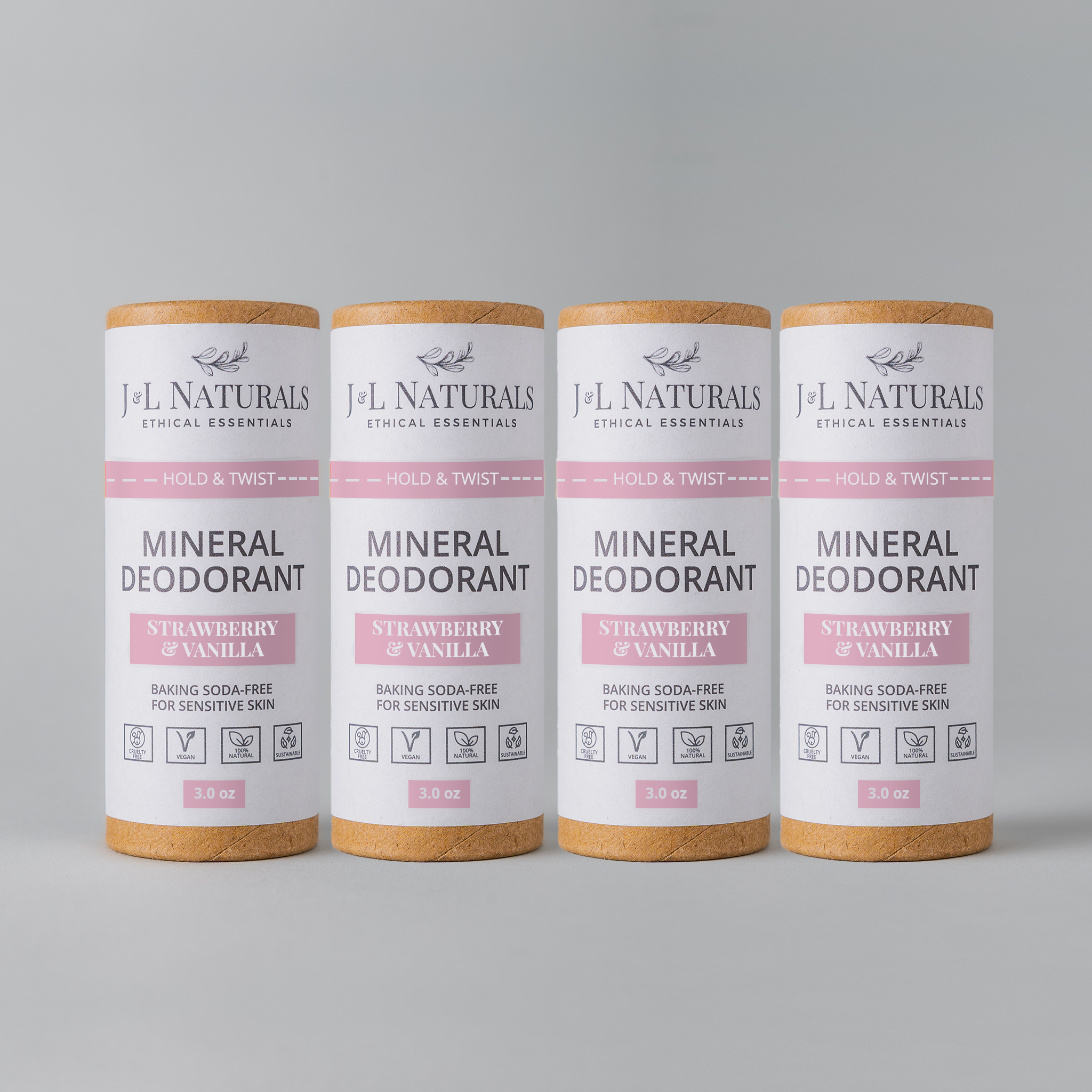 A 4-pack of Mineral Deodorant sticks, featuring a smooth glide-on formula, suitable for sensitive skin and baking soda-free.